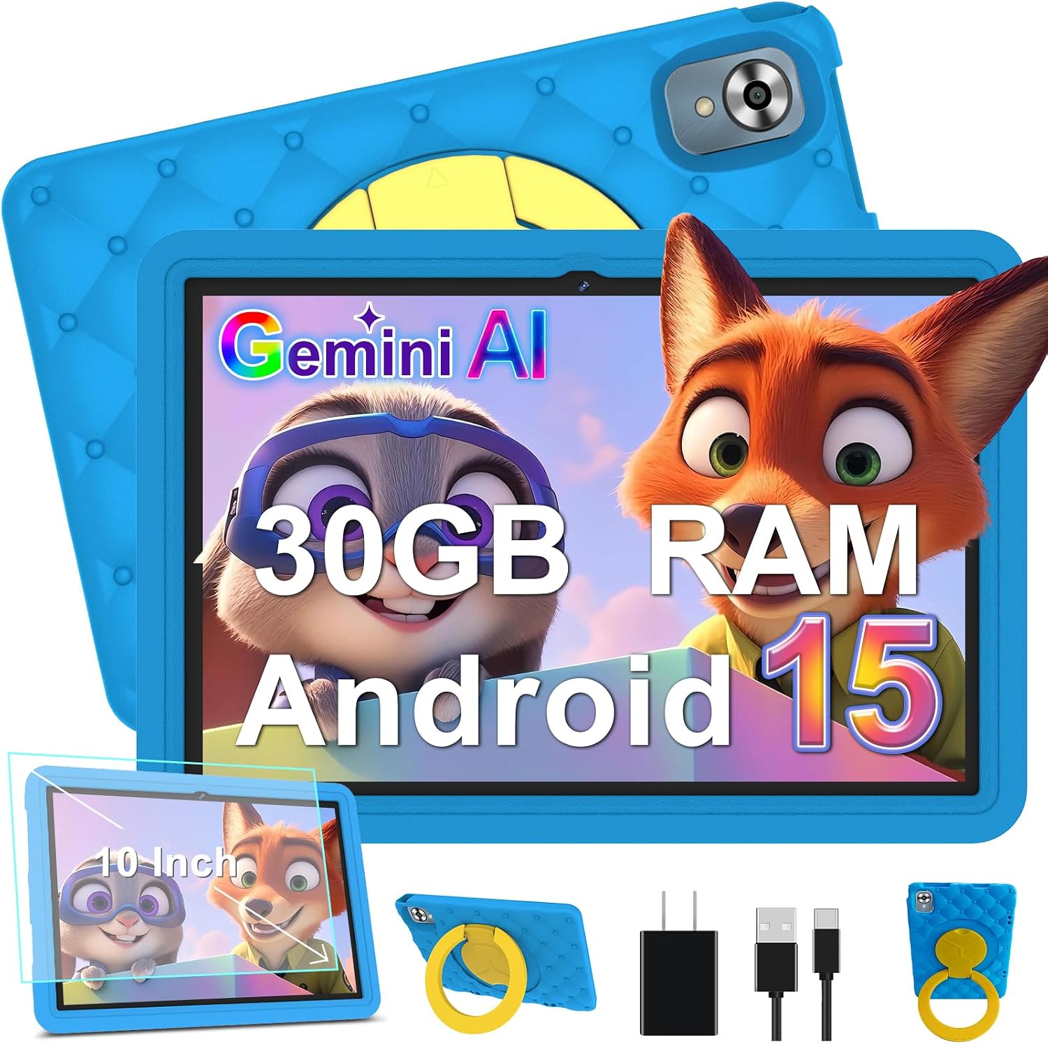Detalle de DMOAO Tablette Enfants 10 Pouces Android 15 – 30 Go RAM, 2 To Exp., Coque EVA et Support 360°