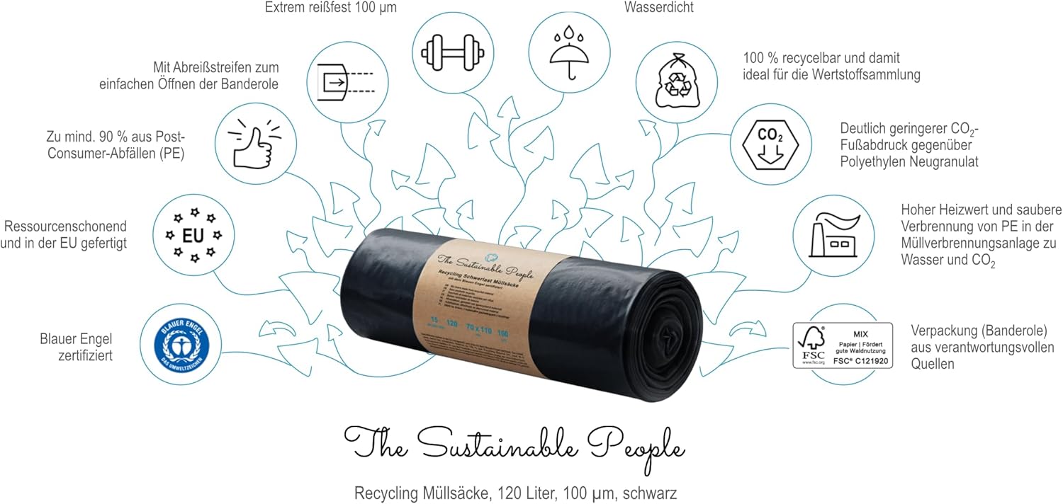 Thumbnail 1 de TSP Schwerlast Müllsäcke 120L – 100 μm, Blauer Engel, 15er-Rolle