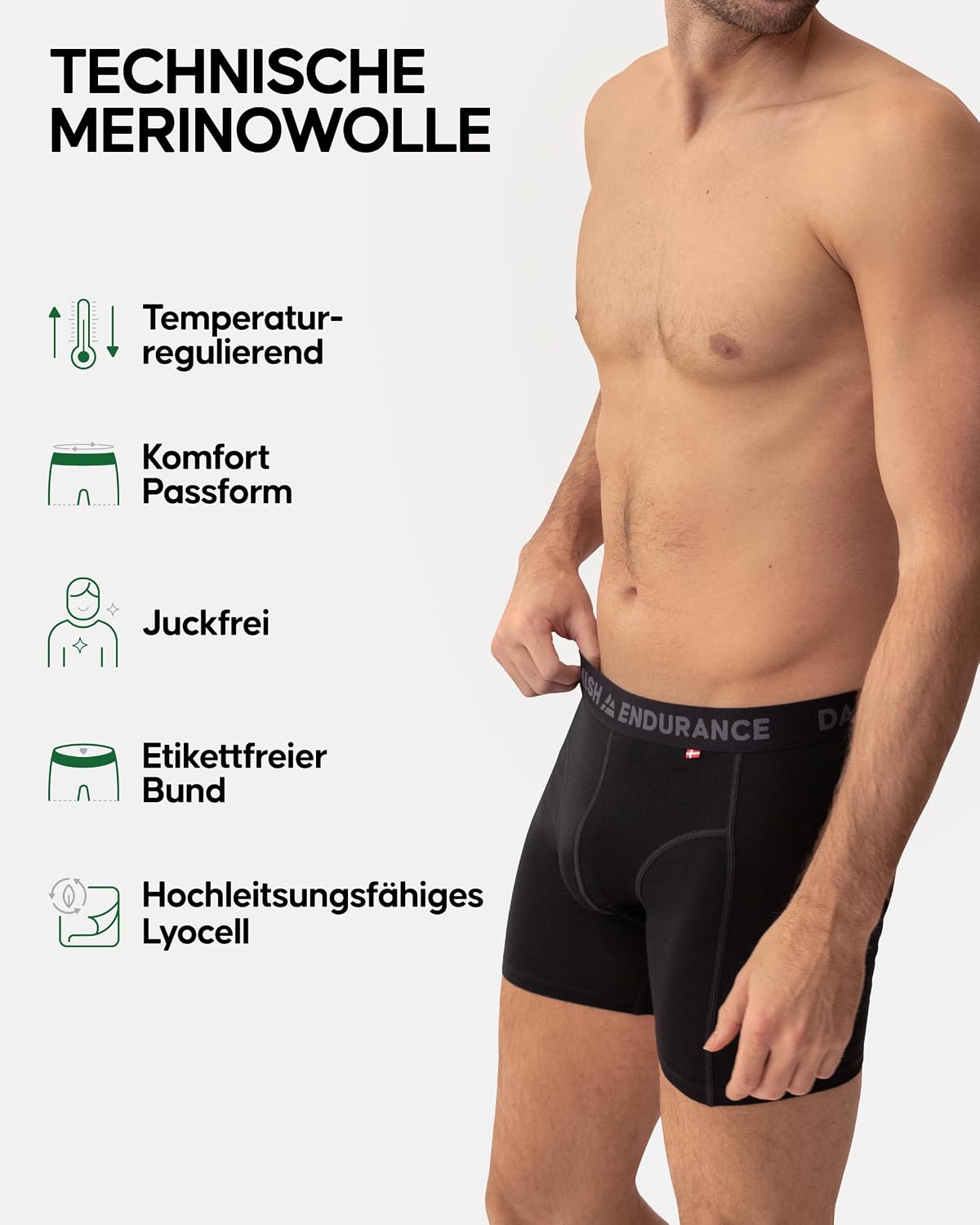 Detalle de DANISH ENDURANCE Merino Boxershorts Herren (2er Pack) – Geruchsneutral, schweißableitend & atmungsaktiv