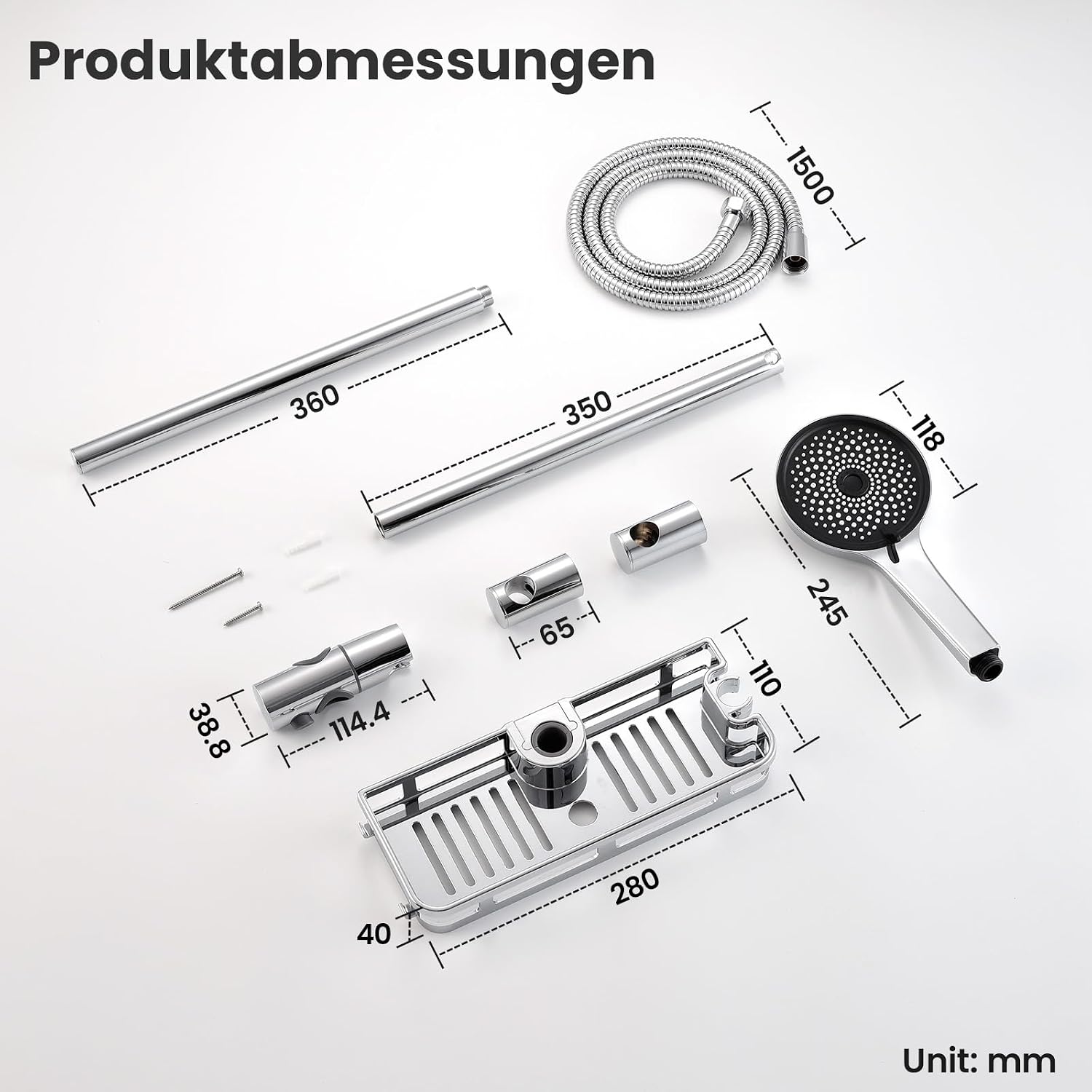 Thumbnail 6 de Duschstange Komplettset (70 cm) mit 5-fach Handbrause, Edelstahl-Schlauch & Ablage – ohne Duscharmatur, ohne Bohren