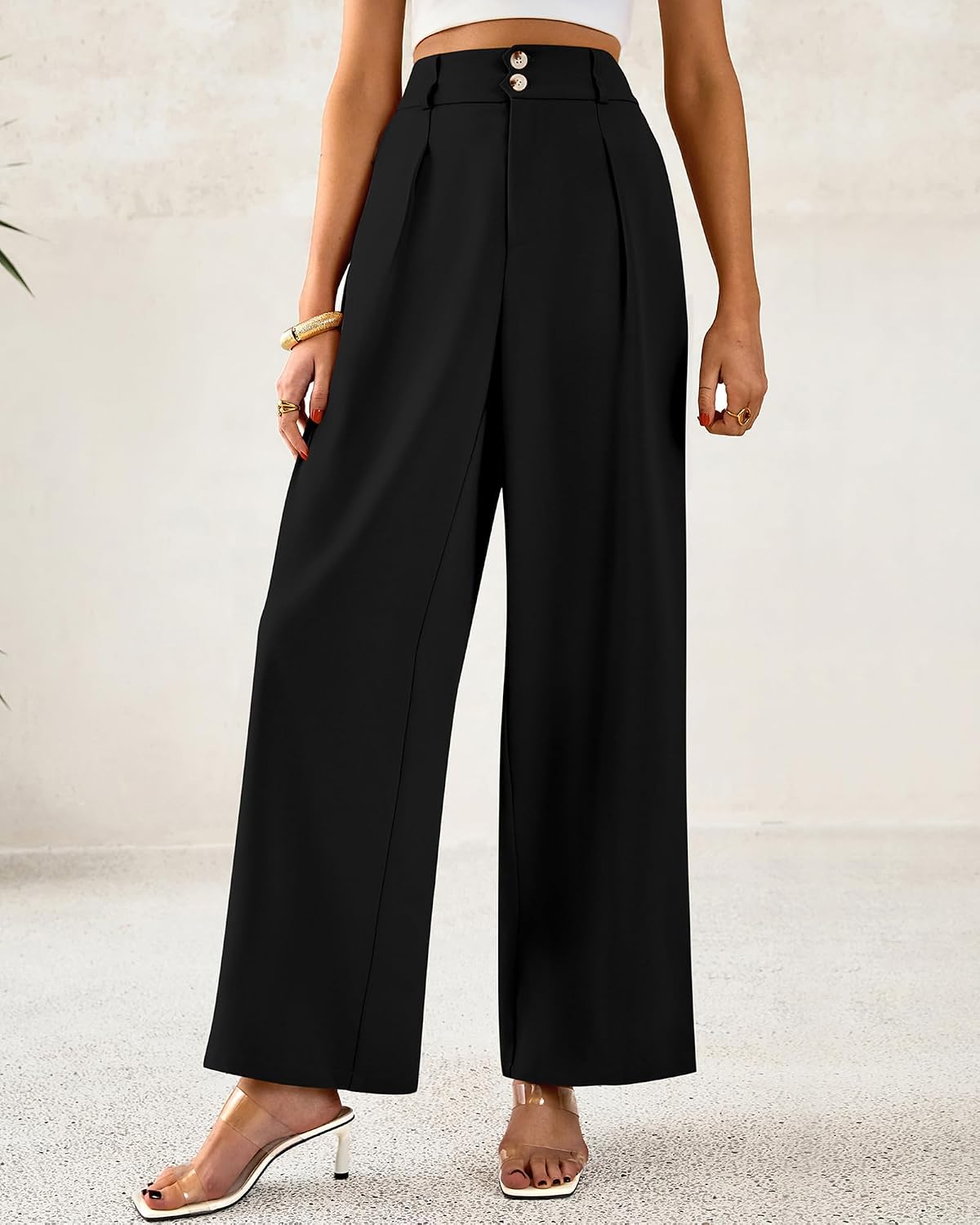 Detalle de BTFBM BT573 Wide-Leg Trousers, High-Waisted with Side Pockets and Pleats