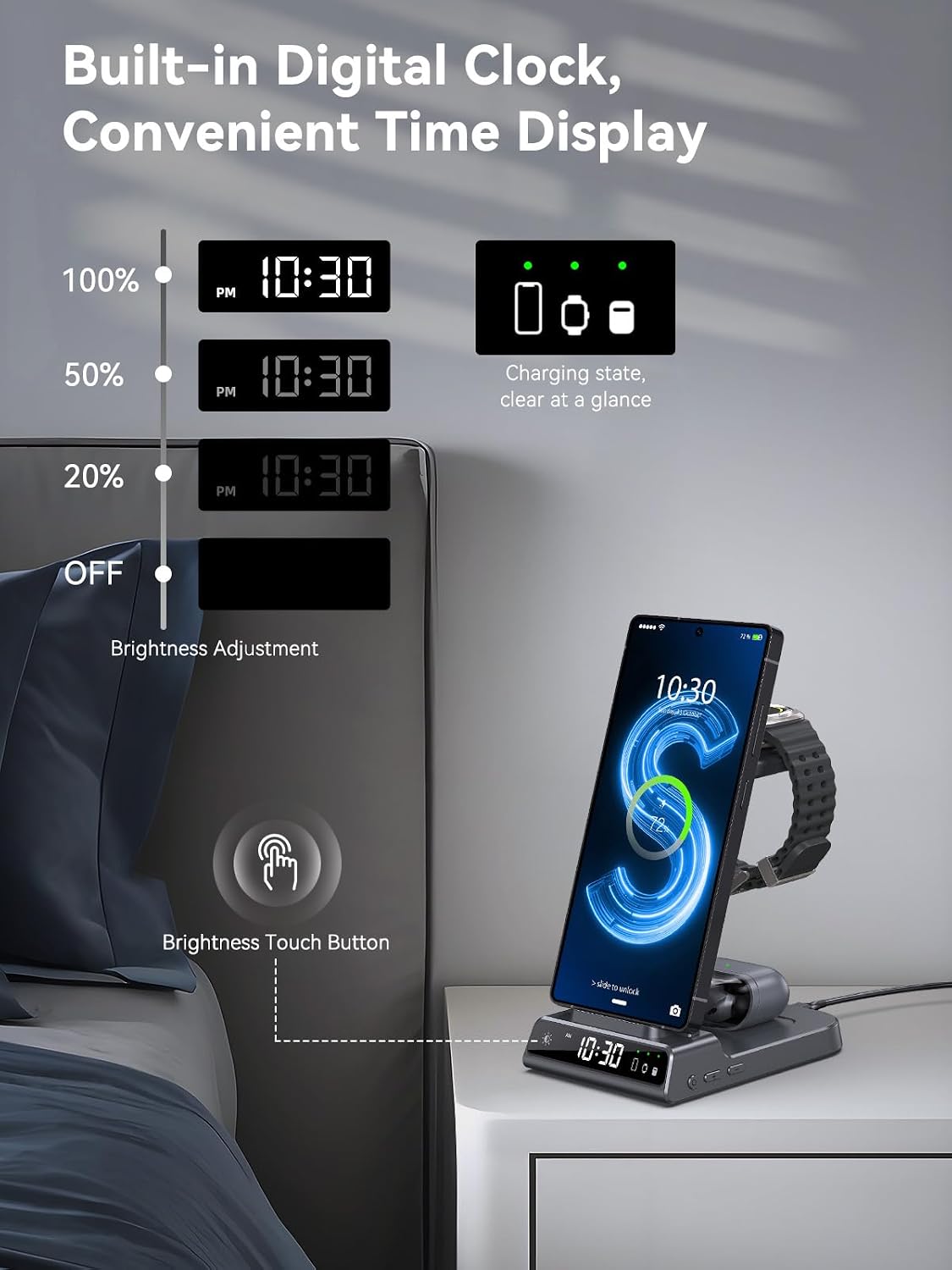 Detalle de Station de Charge Sans Fil 3 en 1 pour Samsung Galaxy S25 Ultra – Montre et Buds (Gris)