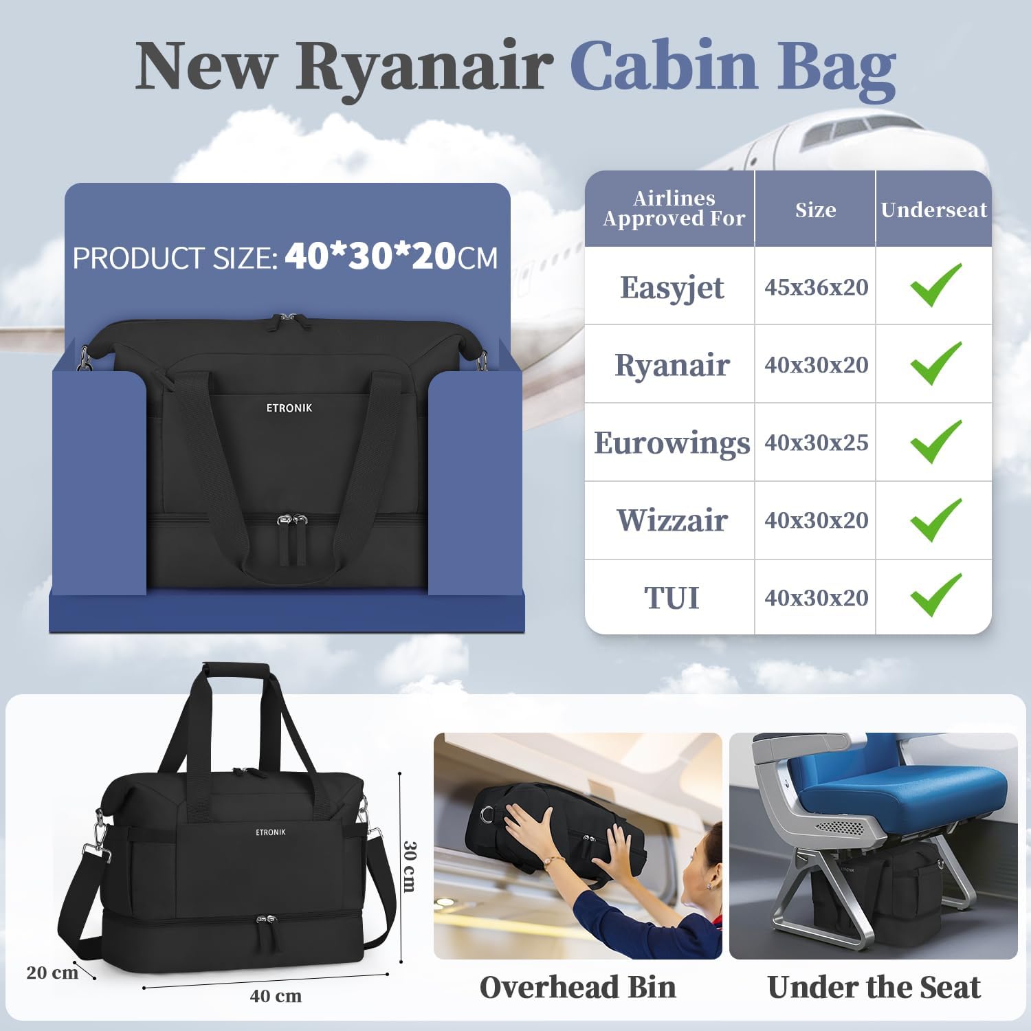 Detalle 2 de ETRONIK Ryanair Cabin Bag 40x30x20 (24L) with Shoe Compartment & Wet Pocket