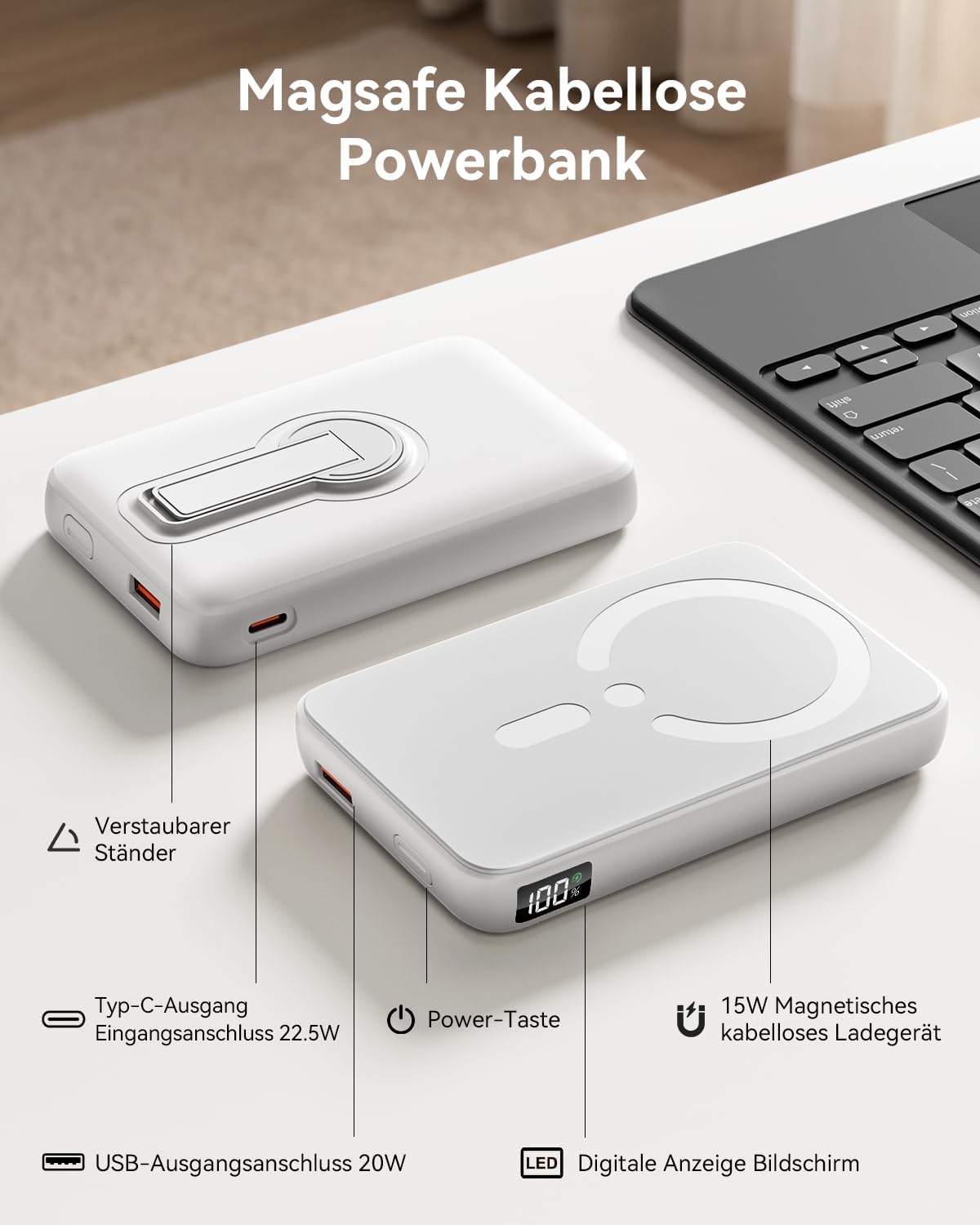 Thumbnail 4 de Powerbank für MagSafe 12000mAh – Kabelloses, 3-in-1 Ladegerät mit 22,5W PD, integrierter Drehständer und LED-Anzeige