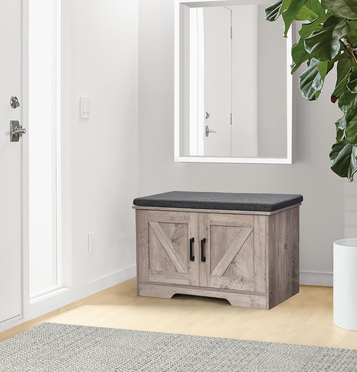Thumbnail 1 de HOMSHO 2-Tier Storage Bench (27.6" Wide) with Padded Seat Cushion, Barn Doors & Adjustable Shelf, Greige