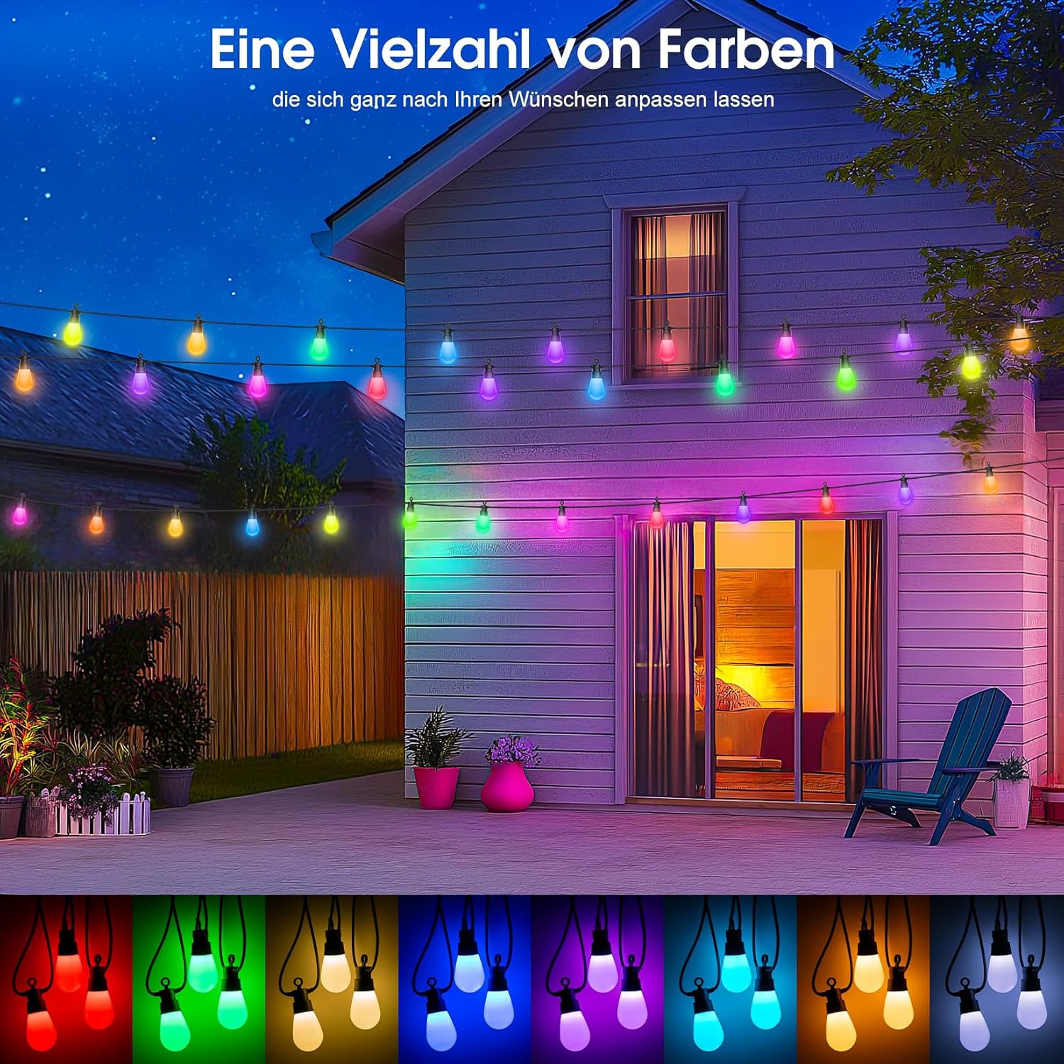Detalle de LED Lichterkette Außen Strom Weihnachten – 21 m bunt RGB, IP65, Fernbedienung, 19 Glühbirnen + 1 Ersatz