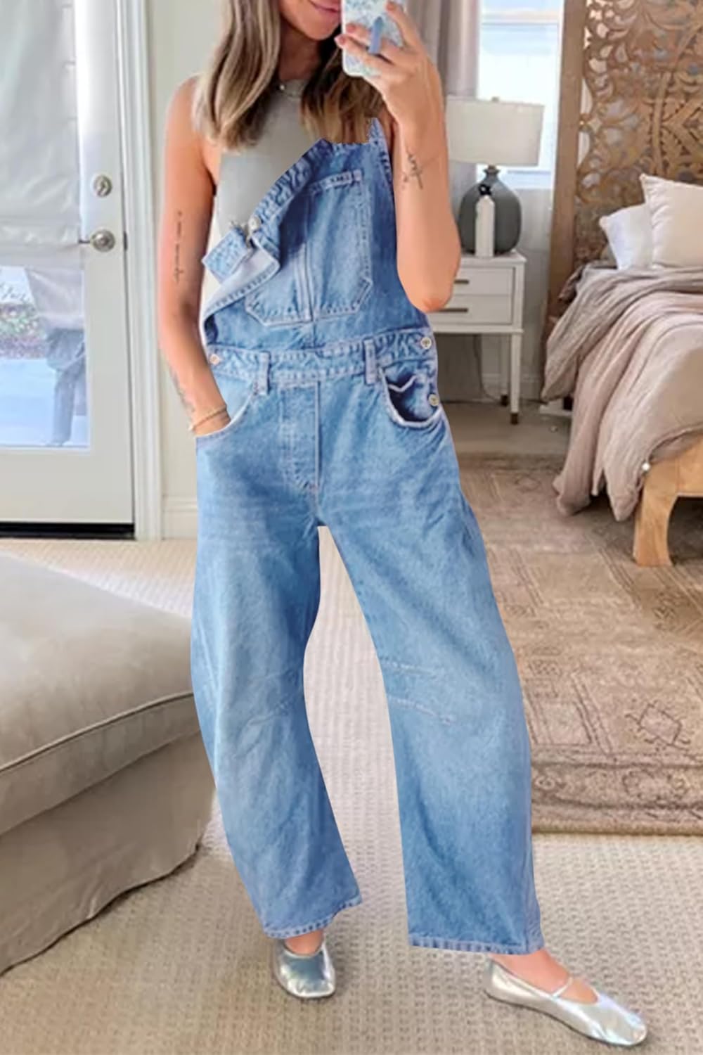 Detalle de PLNOTME Women's Denim Barrel Leg Adjustable Strap Overalls with Pockets