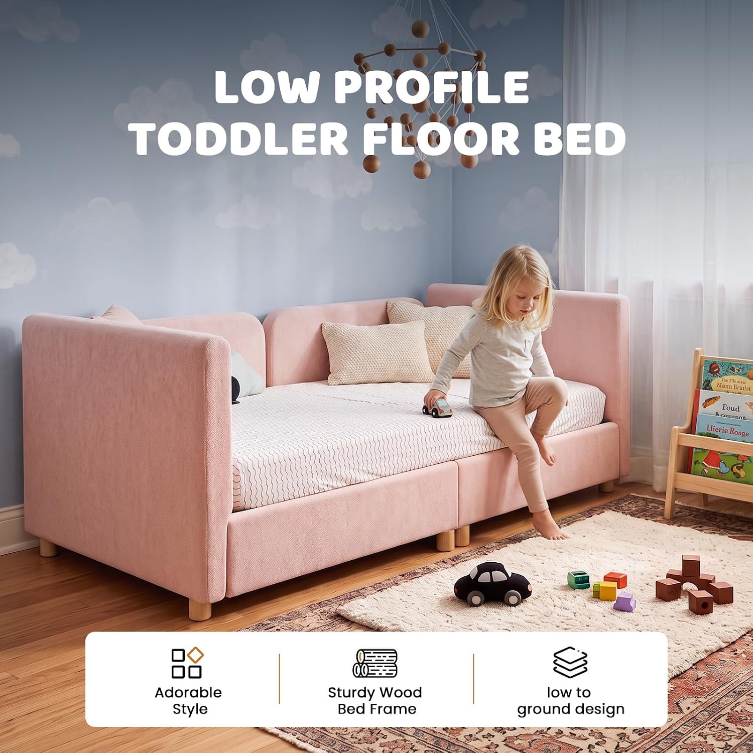 Detalle de Meulbaty Toddler Floor Bed, 2-in-1 Convertible Bed with Pine Frame