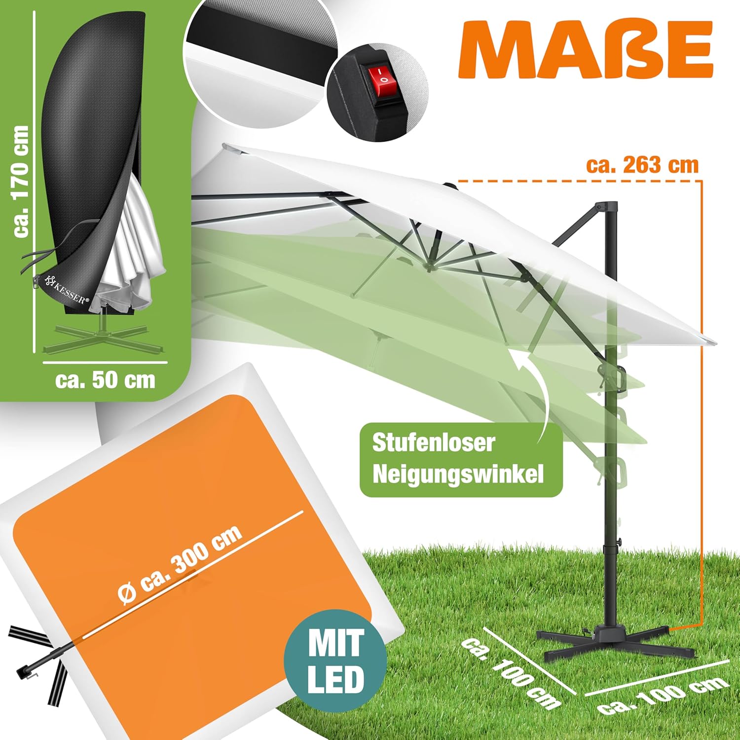 Thumbnail 1 de KESSER Sonnenschirm SUN XL Ampelschirm 300 x 300 cm – Drehs/Neigbar, inkl. Abdeckung, Windsicherung, UV50+, Weiß