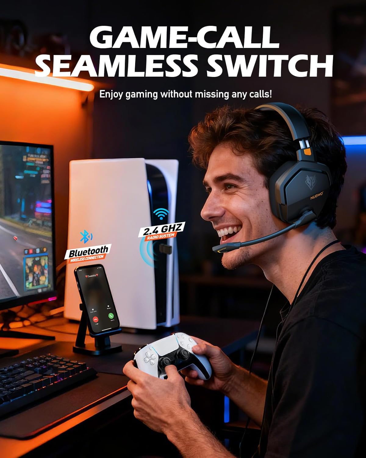 Thumbnail 2 de NUBWO Wireless Gaming Headset with Mic for Ps5 Ps4 PC, Zero Interference, 100-Hour Battery All-Day Play, 23ms Sync​ for Fortnite & Call of Duty/FPS Gamers, Triple Mode All Devices Compatible - Orange
NUBWO Wireless Gaming Headset with Mic for Ps5 P…