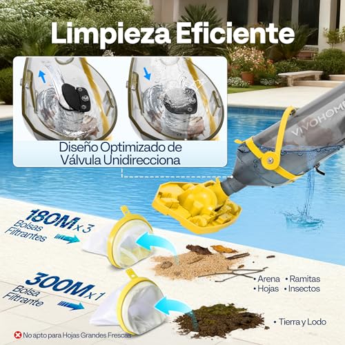 Detalle de VIVOHOME 278 cm: Aspirador de Piscina Inalámbrica con Succión Potente (4200 LPH) para Espacios Amplios
