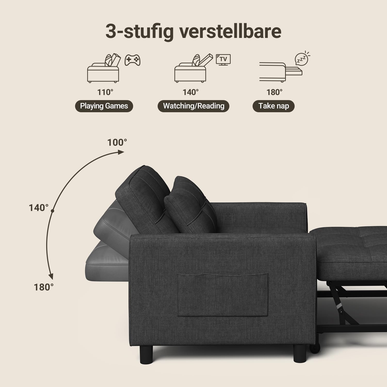 Thumbnail 6 de Xbro 3-in-1 fauteuil-bed, inklapbaar, donkergrijs met verstelbare rugleuning
