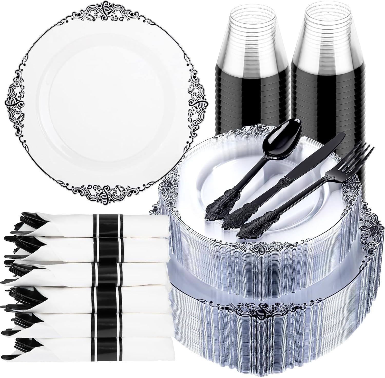 Detalle de Hioasis 350pcs Clear and Black Plates — Black Baroque Party Set for 50 Guests