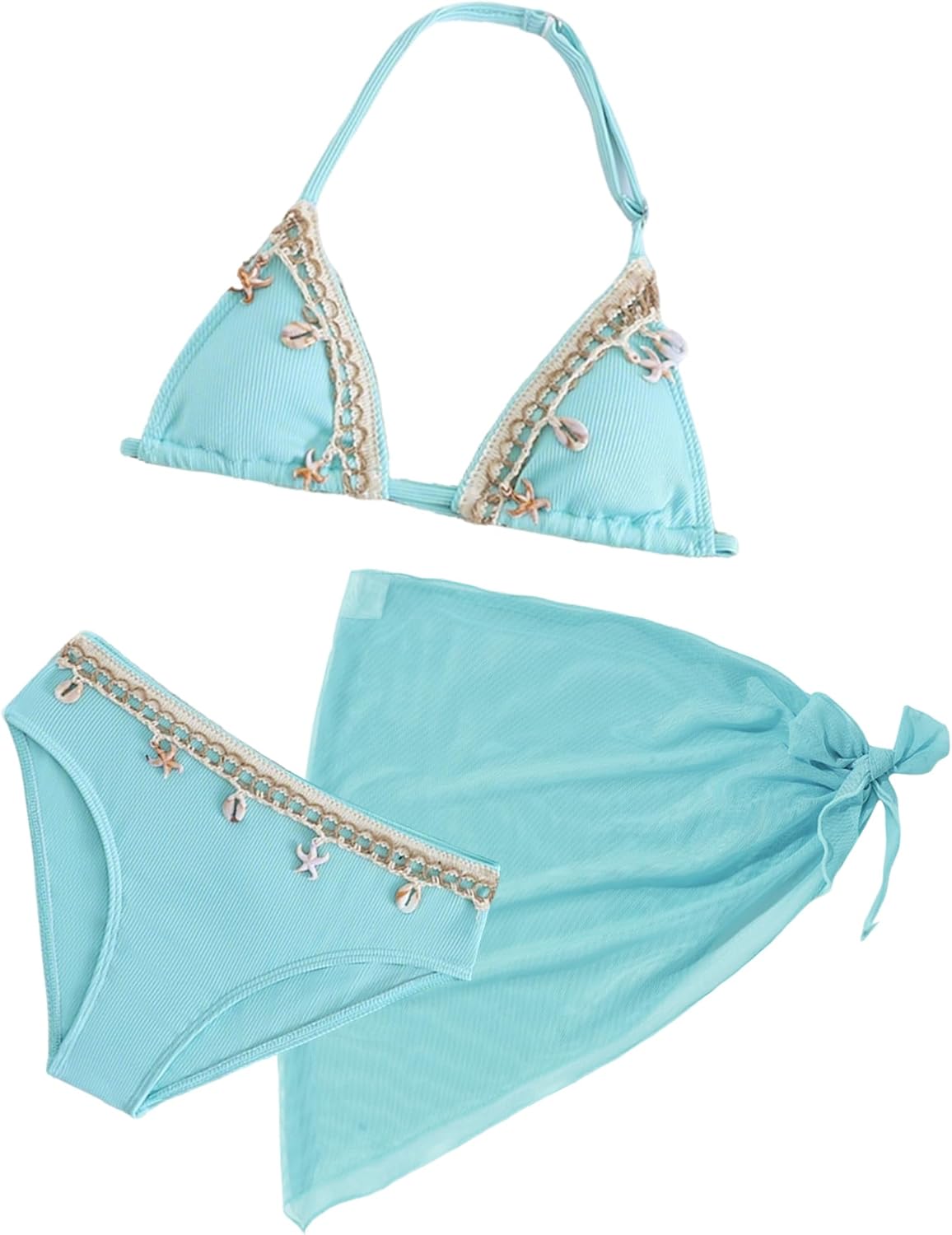 Thumbnail 4 de Girls 3-Piece Ribbed Bikini Set with Removable Chest Pads, Backless Halter Neck & Beach Skirt (Age 8–12 Years)
