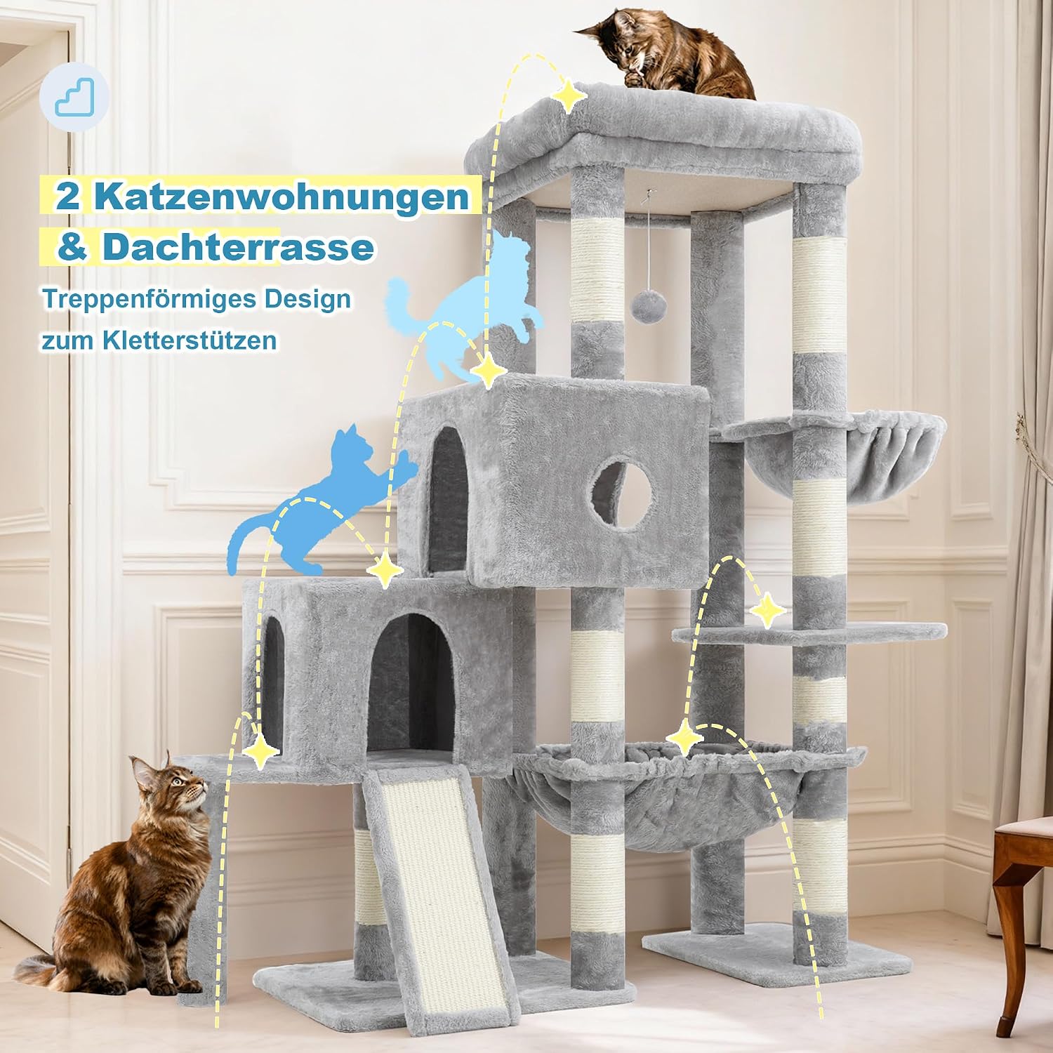 Detalle de Hey-brother Kratzbaum – Katzenbaum mit großen Plattformen, Treppenstruktur und zwei Höhlen (127 cm, Hellgrau MPJ071W)