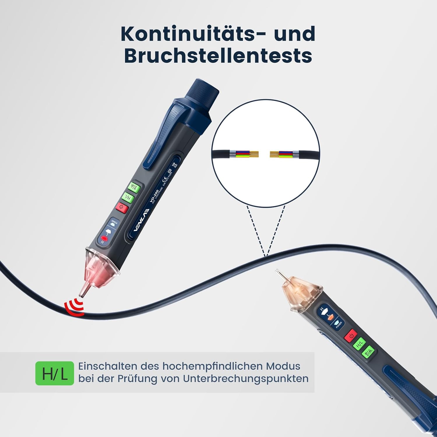 Thumbnail 3 de Berührungsloser Spannungsprüfer VD200 (AC) mit Buzzer, Taschenlampe & Leitungsdetektion – für Schalterdose, Schaltschrank & Leitungssuche