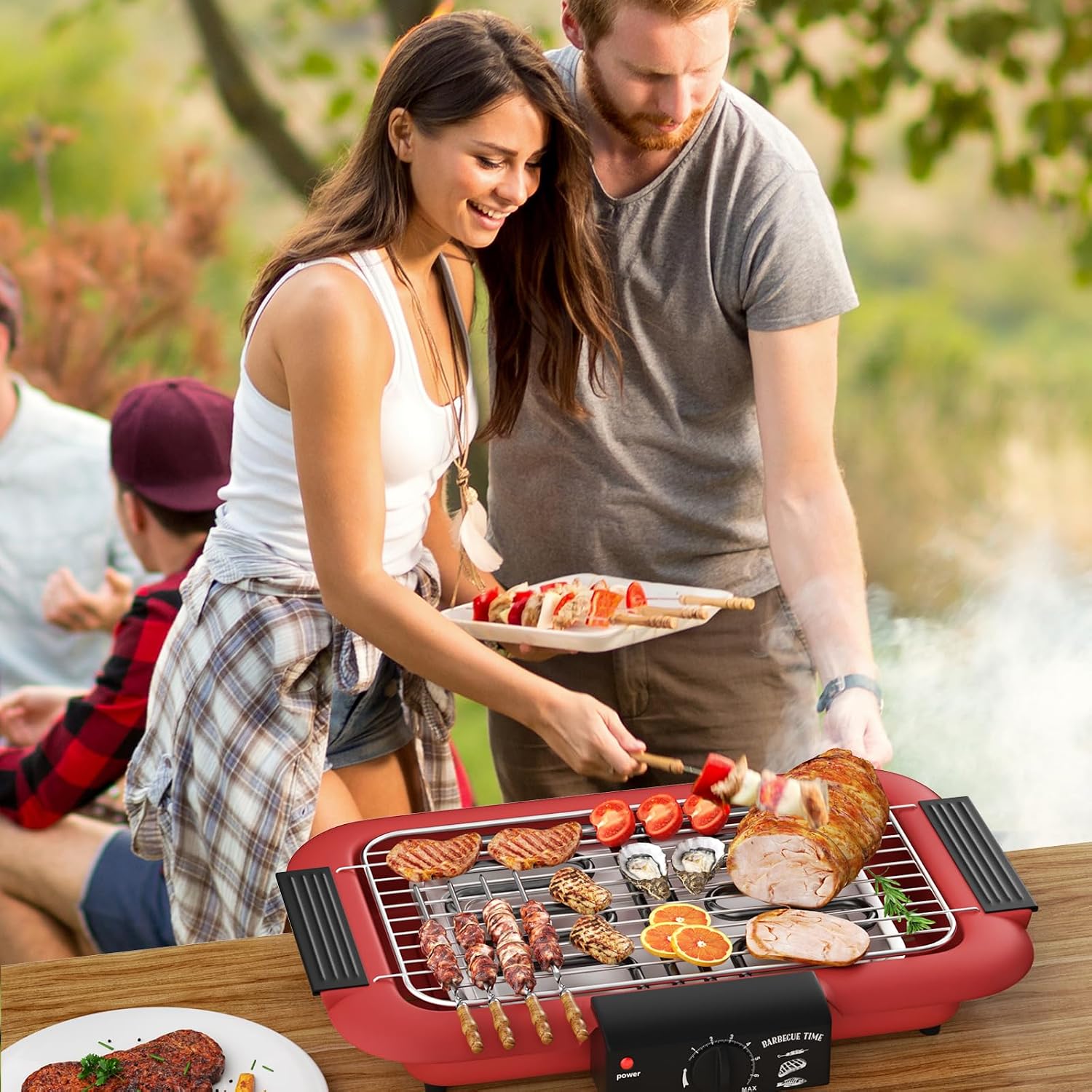 Detalle de Barbecue elettrico 2000 W con griglia portatile antiaderente, senza fumo – rosso D