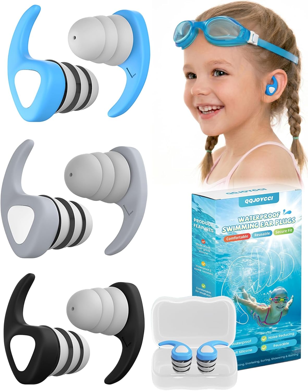 Detalle de Kids Swimming Ear Plugs: 3 Pairs of Reusable Silicone Ears Guards for Ages 3–10