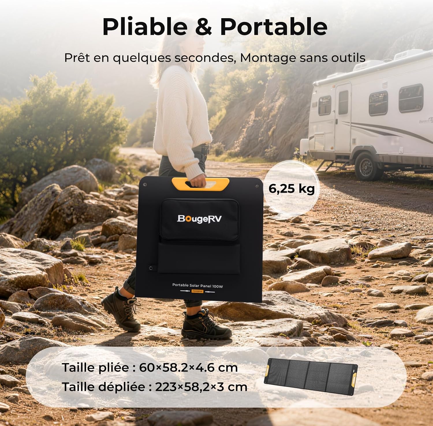 Detalle de BougeRV Panneau Solaire Pliable 100W – N-Type, Étanche IP65, 173Wh/277Wh, Fibre de Verre