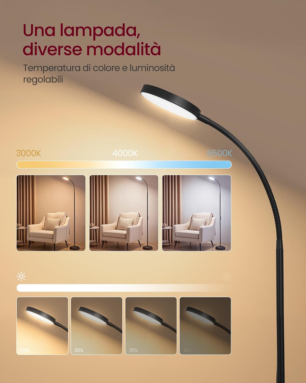 Detalle de VASAGLE Lampada da Terra LED in Metallo 170 cm – Piantana Moderna Dimmerabile Nero Opaco Lusia LFL017BD02
