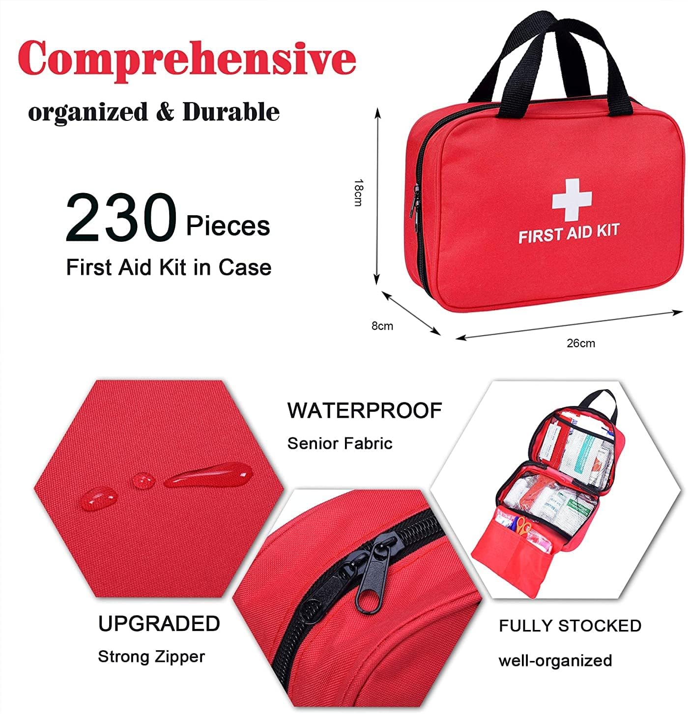 Detalle de Trousse de premiers secours 230 pièces (boîte d’urgence compacte) – format voiture, maison, camping et voyages