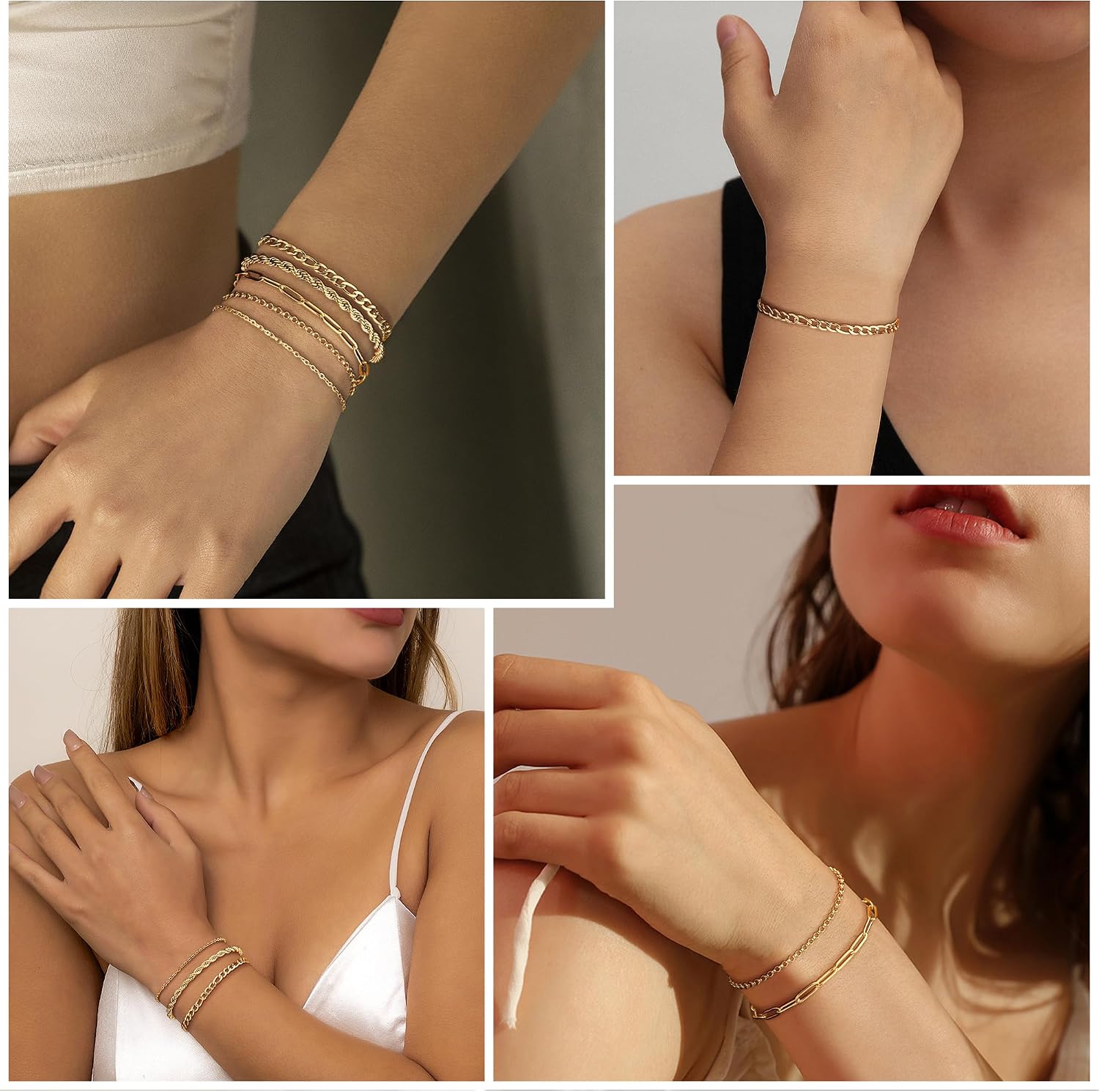 Thumbnail 3 de Finrezio 3–5er-Armband-Set für Damen in Gold (14 Karat vergoldet) aus Edelstahl – Figaro, Perlen & Ketten mit Verlängerung