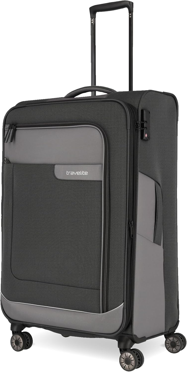 Detalle de Travelite VIIA 4-Rad Koffer Größe L – Weichschale aus recyceltem Polyester, 91–103 L, 77 x 47 x 30–34 cm