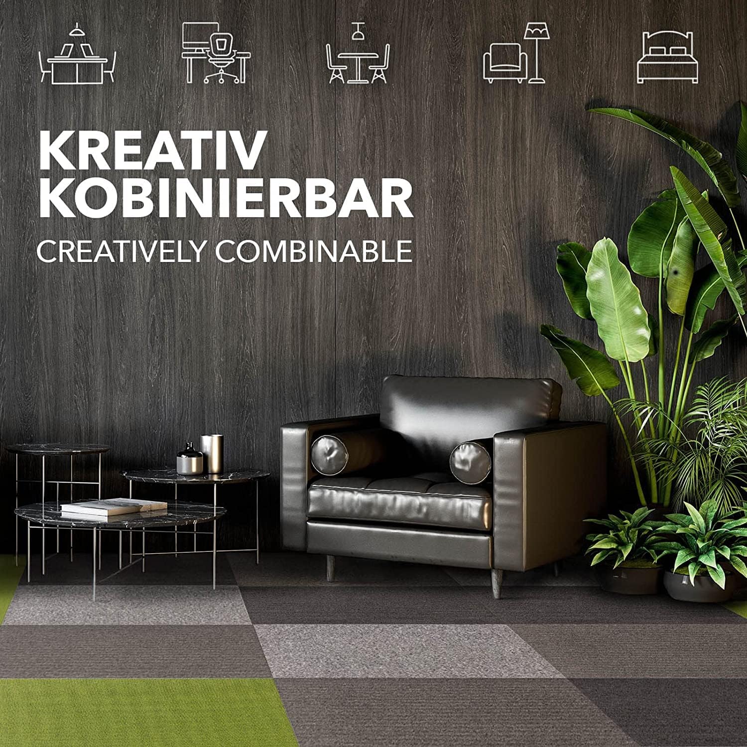 Thumbnail 6 de KARAT Teppichfliesen Moskau 50×50 cm – 48 Stk. Selbstliegend, 12 m², grün