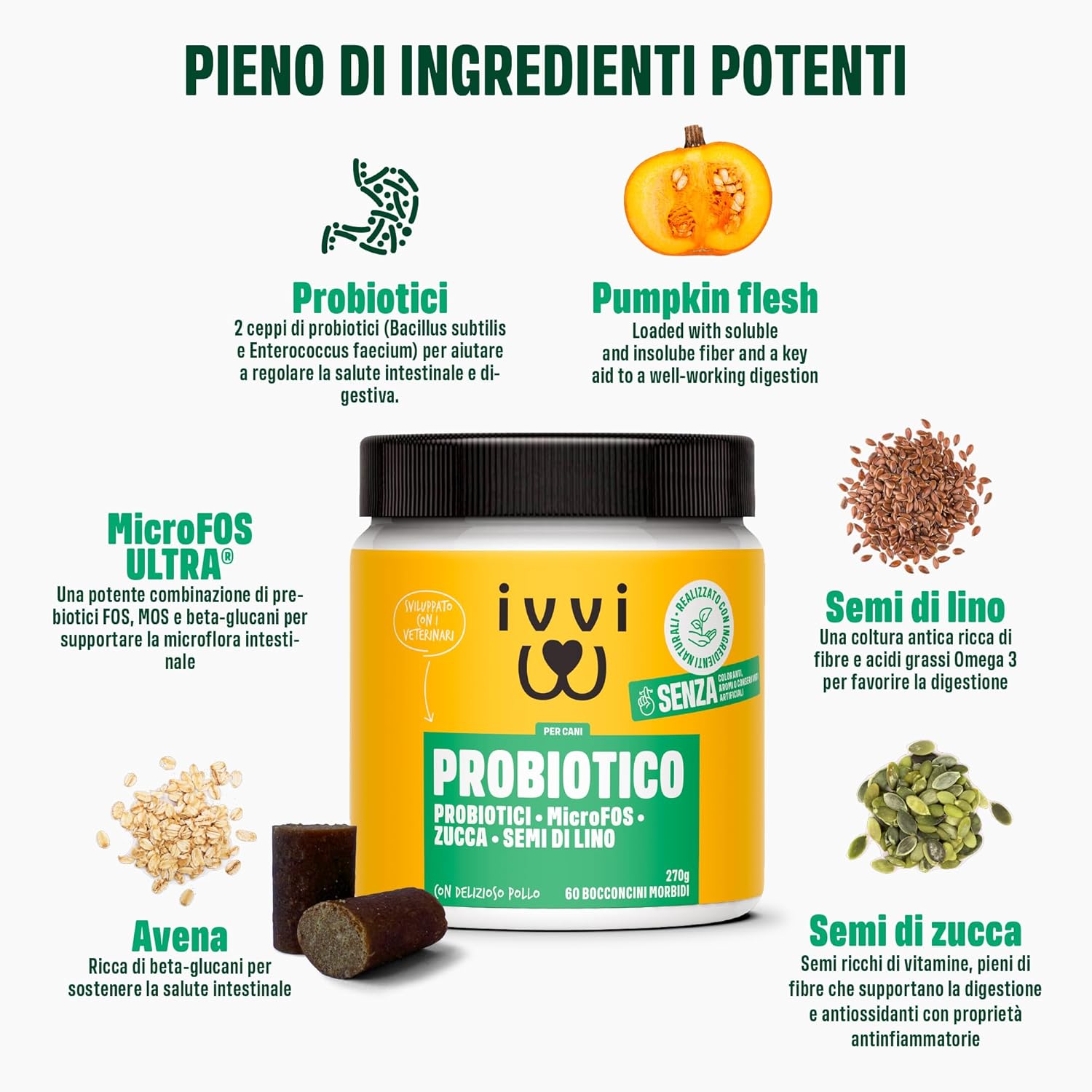 Detalle 2 de ivvi Probiotic per cani in bocconcini al pollo (60 snack) per flora intestinale, digestione e sistema immunitario
