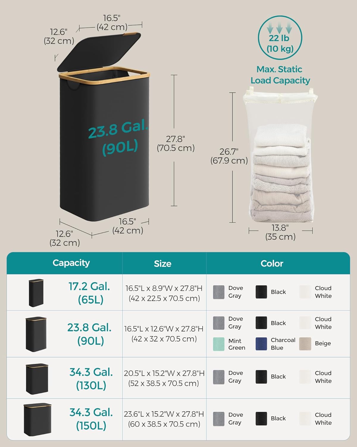 Thumbnail 5 de SONGMICS LCB509B01 90L laundry hamper with lid