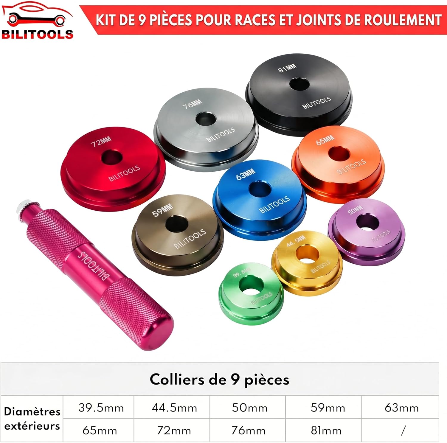 Detalle de BILITOOLS Kit Presse à Roulement, 10 Pièces – Douilles et Joint SPI, Montage Moyeu Voiture