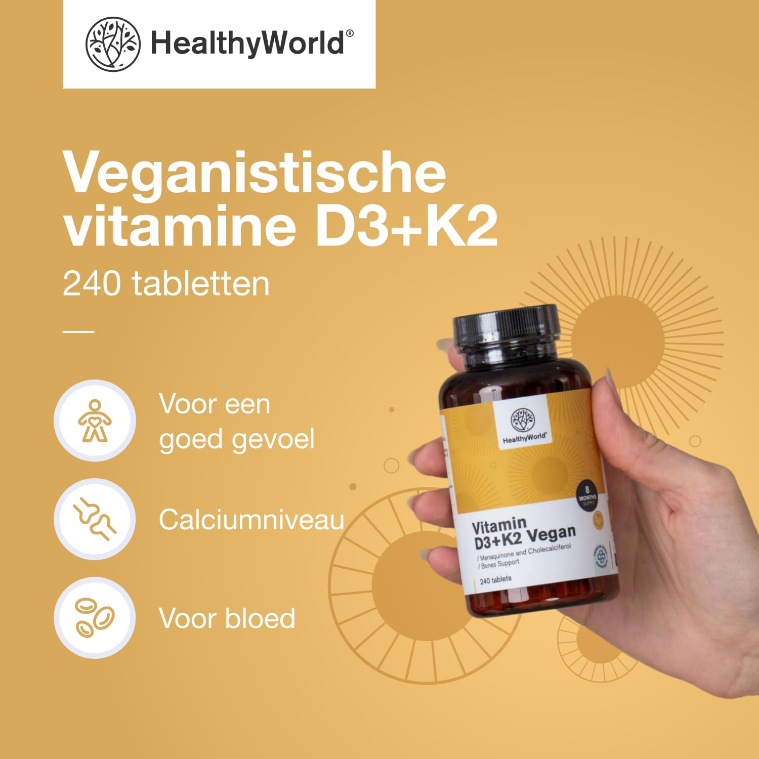 Detalle 2 de HealthyWorld Vitamine D3+K2, 240 vegan tabletten met D3 en K2