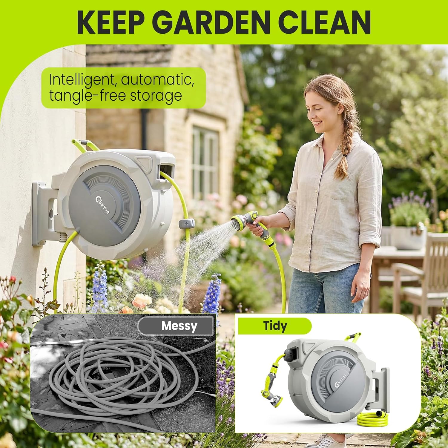 Detalle de Bietor Retractable Garden Hose Reel with 45m Main Hose + 2m Lead, UV-Resistant Wall Mount, 10-Pattern Nozzle, 180° Swivel, Slow Return