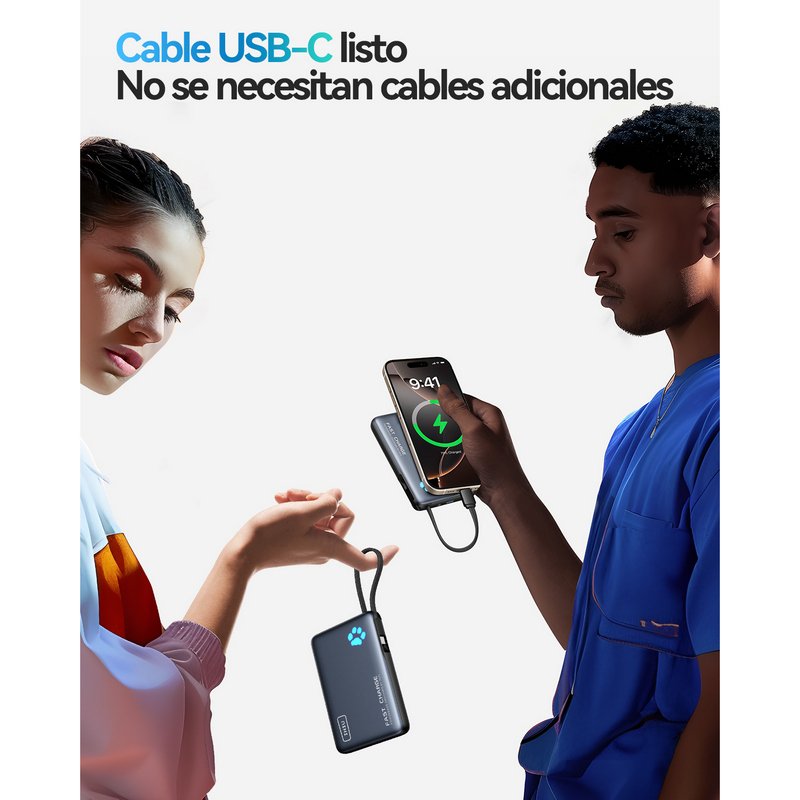 Detalle de Batería externa INIU PowerPaw 10.000 mAh: carga rápida PD 20W, USB-C con linterna y cable integrado