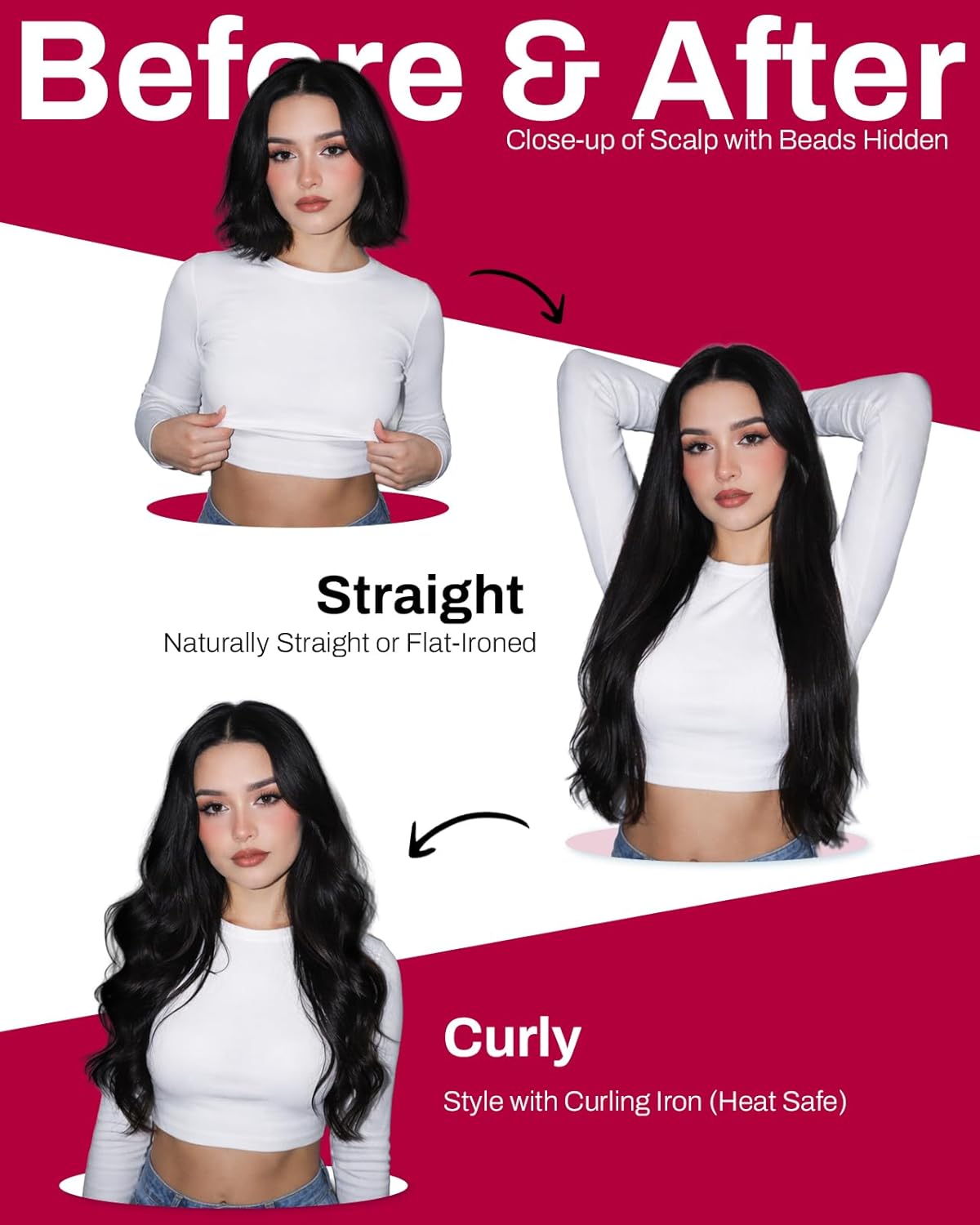 Thumbnail 3 de Moresoo Hair Extensions Microlink Human Hair Jet Black 24 Inch (50g) with Invisible Seam