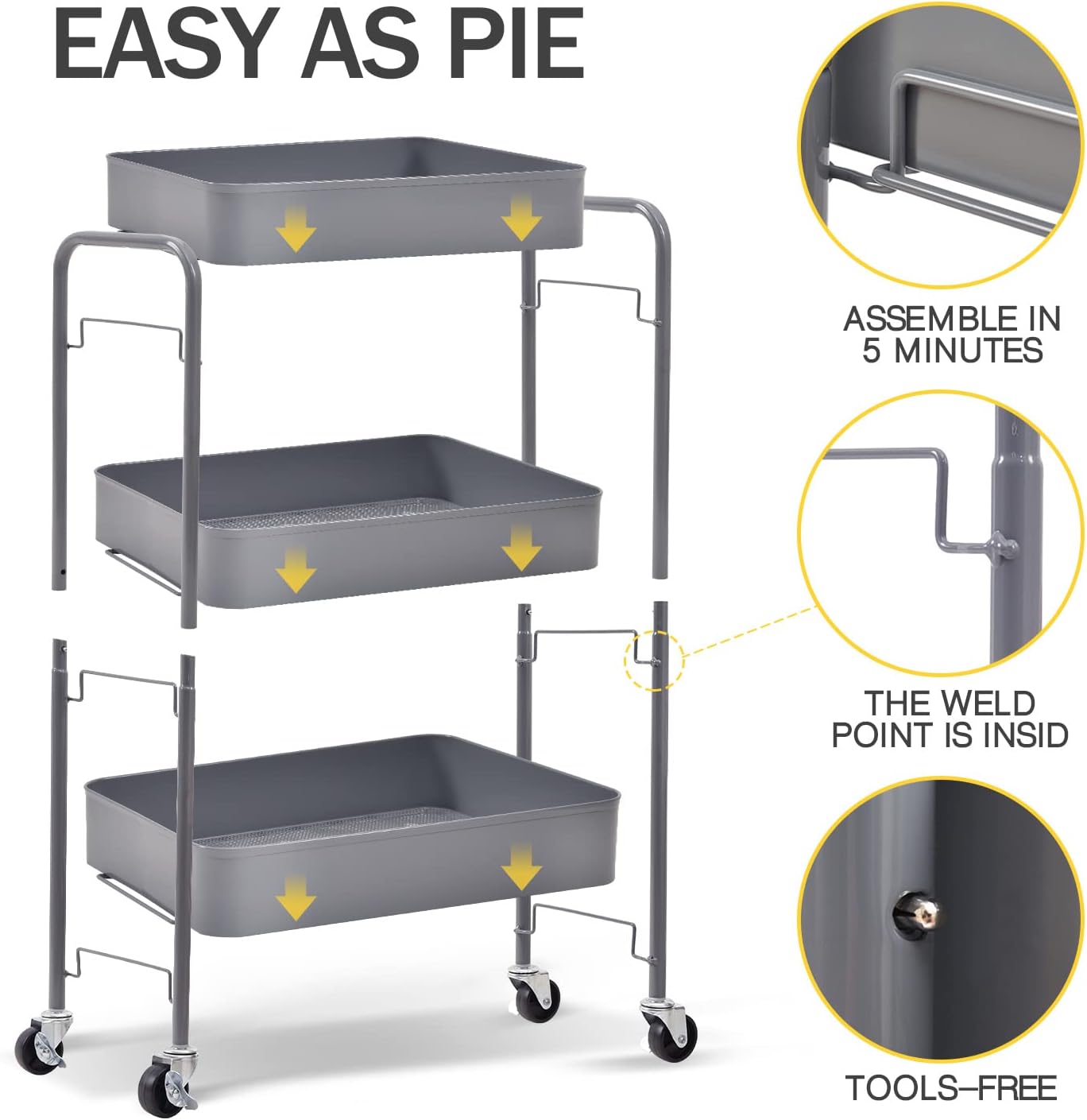 Detalle de TOOLF WK131218 3-Tier Metal Rolling Cart, Gray, Screwless Assembly