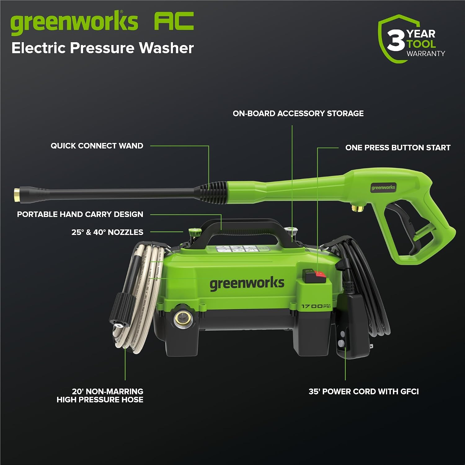 Detalle de Greenworks Electric Pressure Washer, 1700 PSI