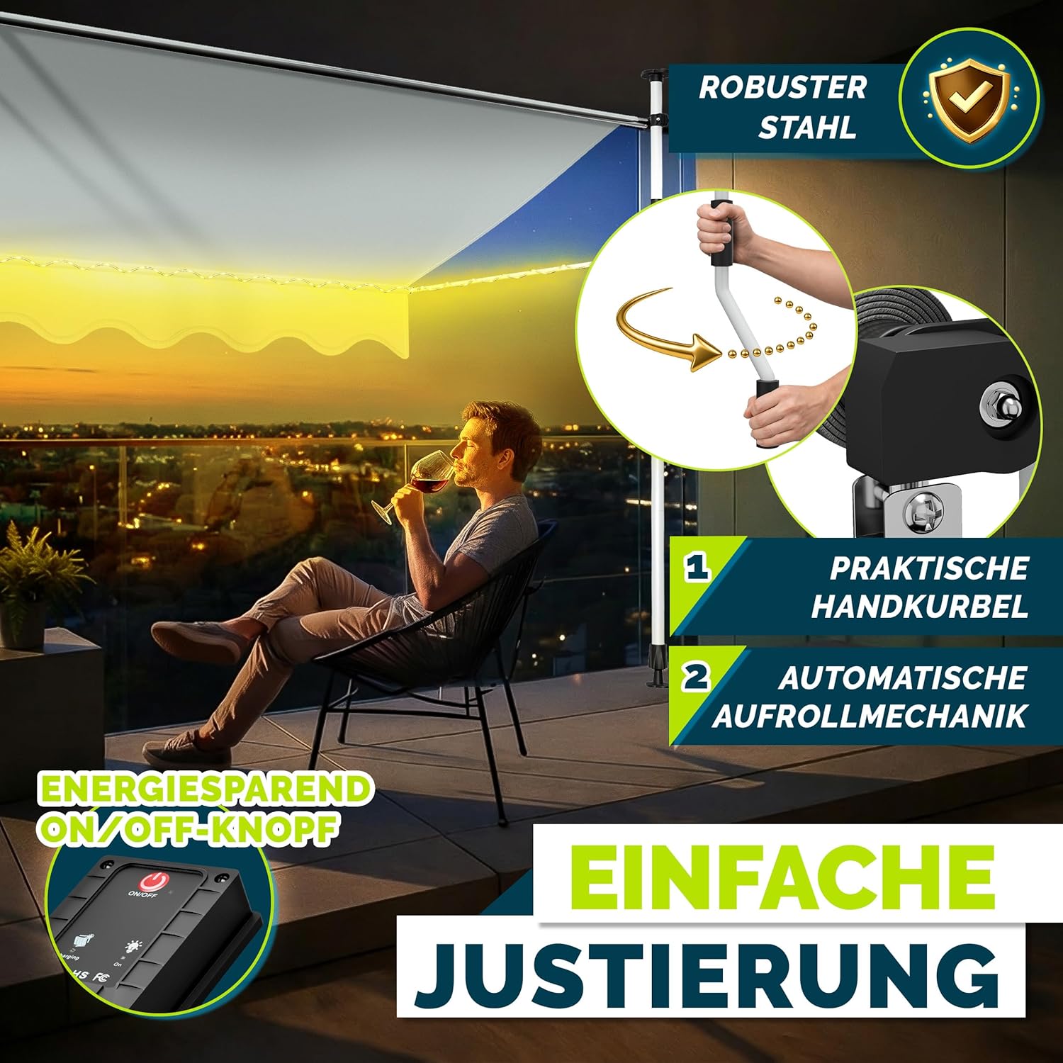 Thumbnail 4 de tillvex Klemmmarkise mit Handkurbel und LED-Lichterkette (ohne Bohren) für Balkon & Terrasse – Hellgrau, 400 cm