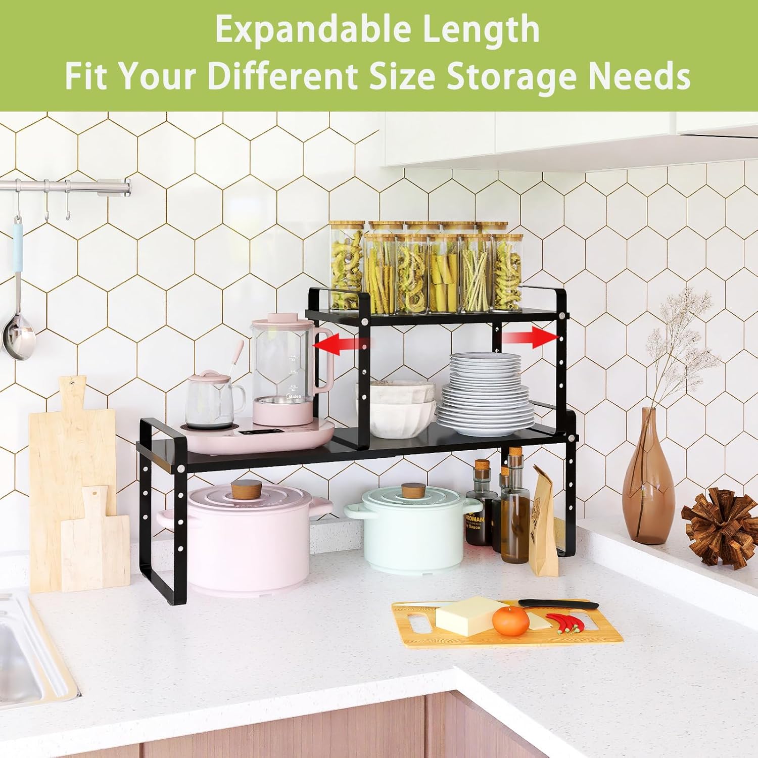 Detalle 2 de Across-Star Expandable Cabinet Shelf Organizer Rack: Adjustable, Stackable Kitchen Storage Solution