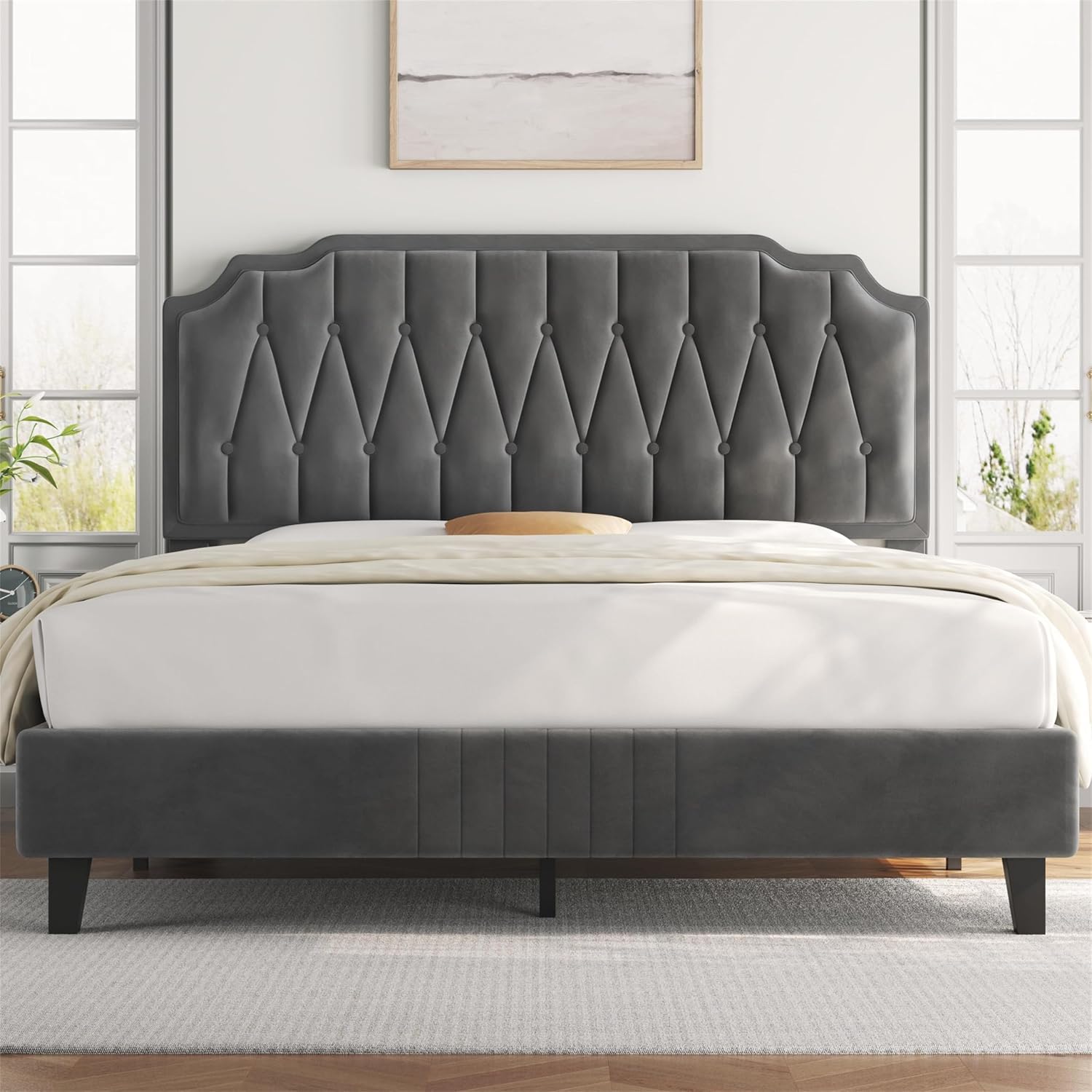 Thumbnail 2 de Yaheetech 615716 Dark Gray(140*200cm) gestoffeerd tweepersoonsbed met lattenbodem