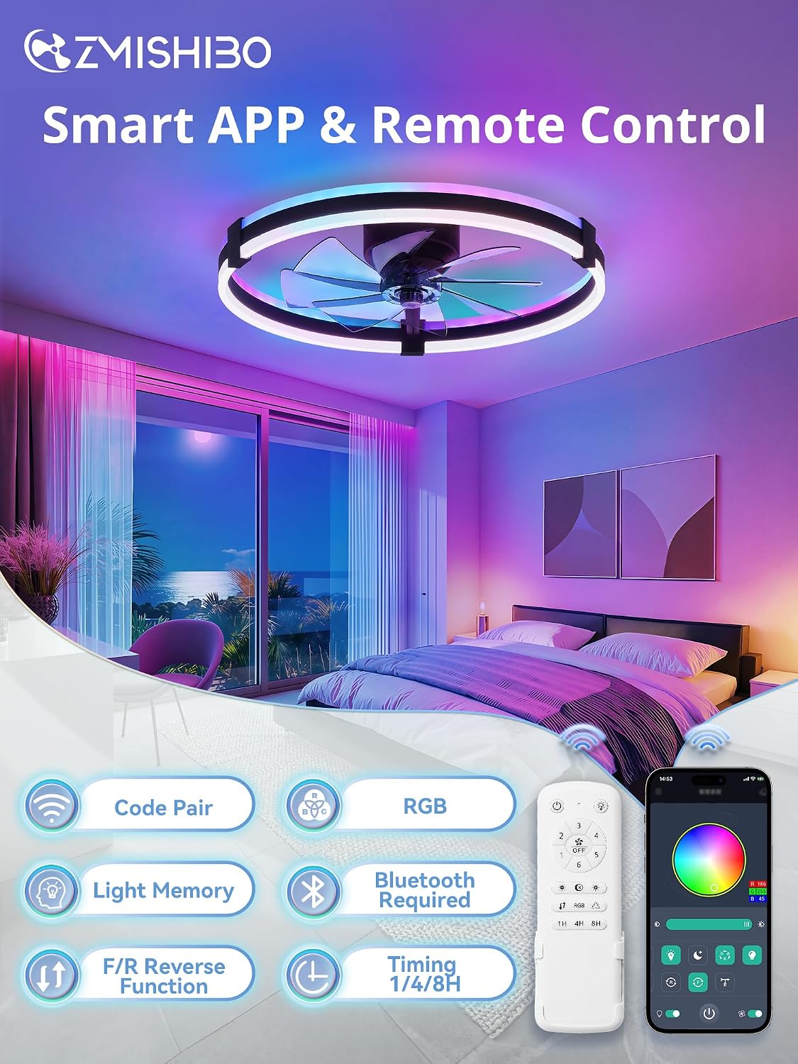 Thumbnail 6 de ZMISHIBO KDMM23 23-Inch RGB Ceiling Fan with Light, Remote and App Control