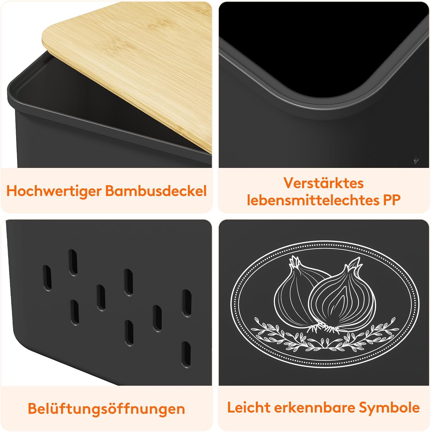 Detalle de Lifewit Kartoffel Aufbewahrungsbox 3er Set (Kartoffeln, Zwiebeln, Knoblauch) mit Belüftung, stapelbar – 24 cm hoch, schwarz
