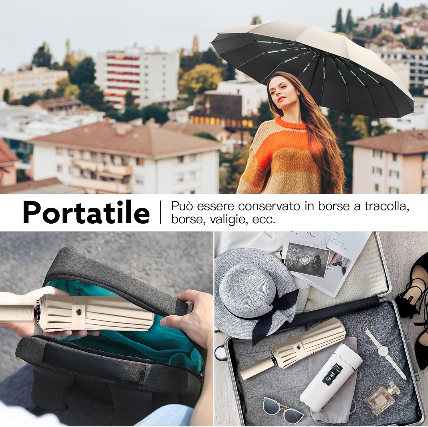 Detalle 2 de LENDOO Ombrello pieghevole antivento con apertura automatica – 16 coste, UPF>50, peso 580 g