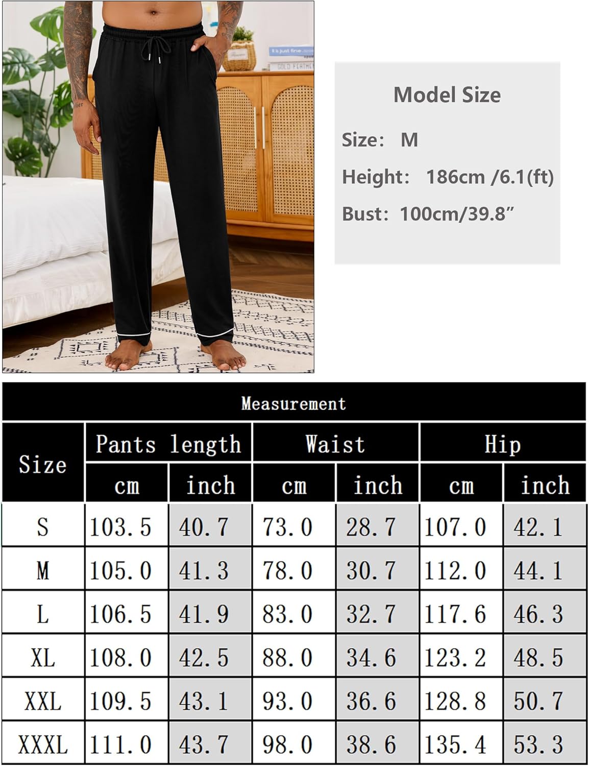 Detalle de Crewhpo Pantalon de pyjama homme en coton (mélange 65% coton/35% polyester) avec taille élastique et cordon, poches