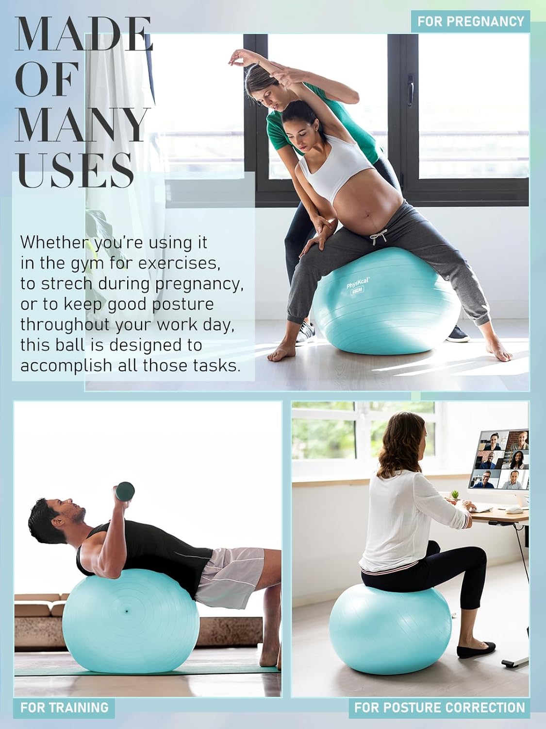 Thumbnail 2 de PhysKcal Gym Ball 55-85cm: Anti-Burst Swiss Ball for Fitness, Yoga, Pregnancy & Balance