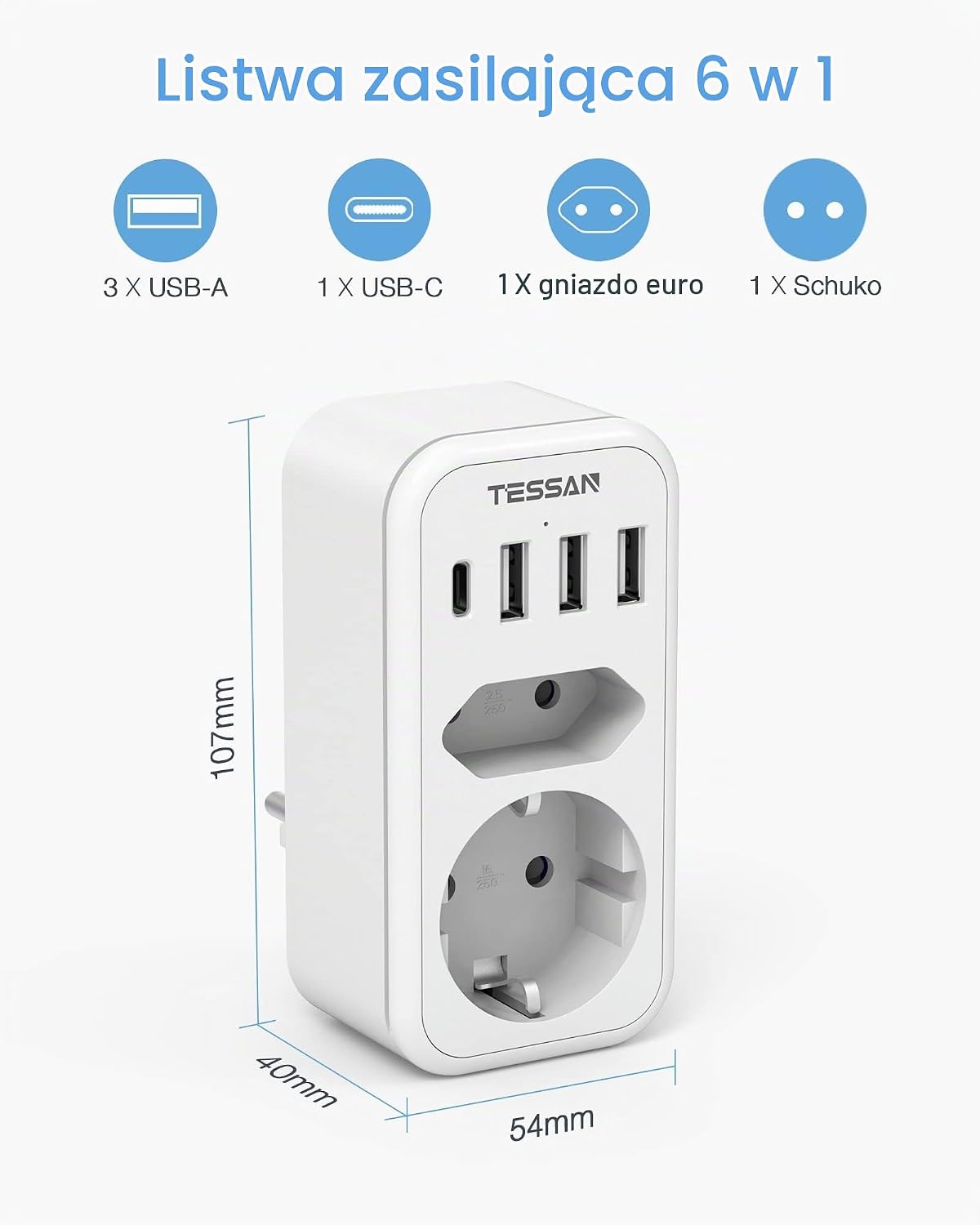 Detalle 2 de TESSAN gniazdko 6 w 1: 2 gniazda, 4 porty USB, w tym USB-C