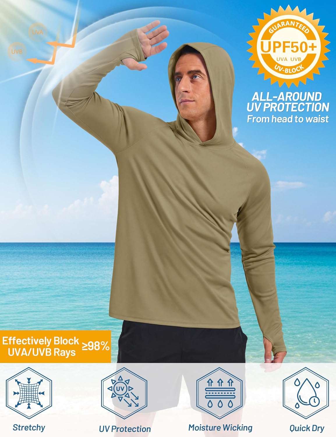 Detalle de TACVASEN UPF 50+ sun protection hoodie