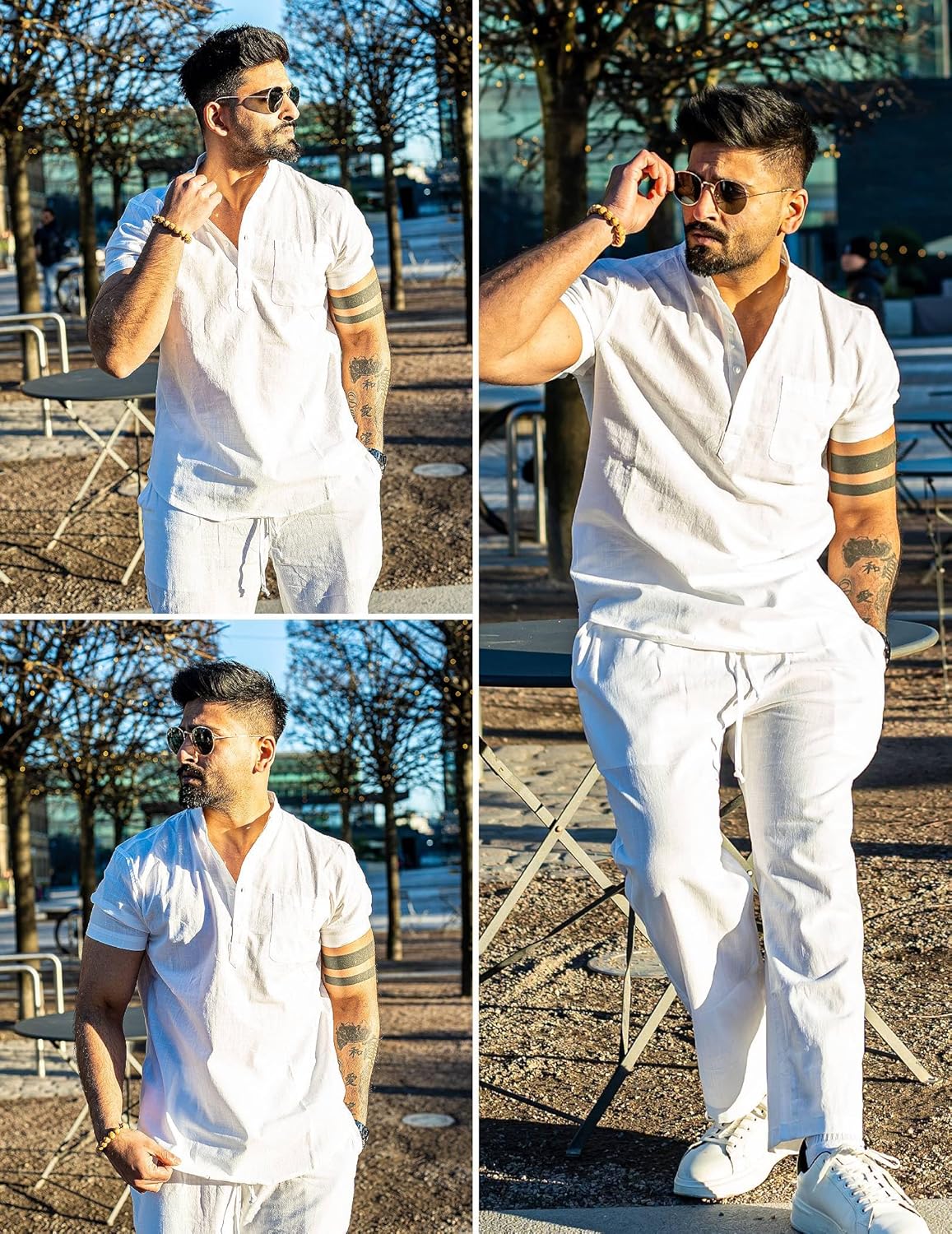 Thumbnail 3 de COOFANDY Men's 2-Piece Cotton Linen Set: Short Sleeve Henley & Beach Yoga Pants