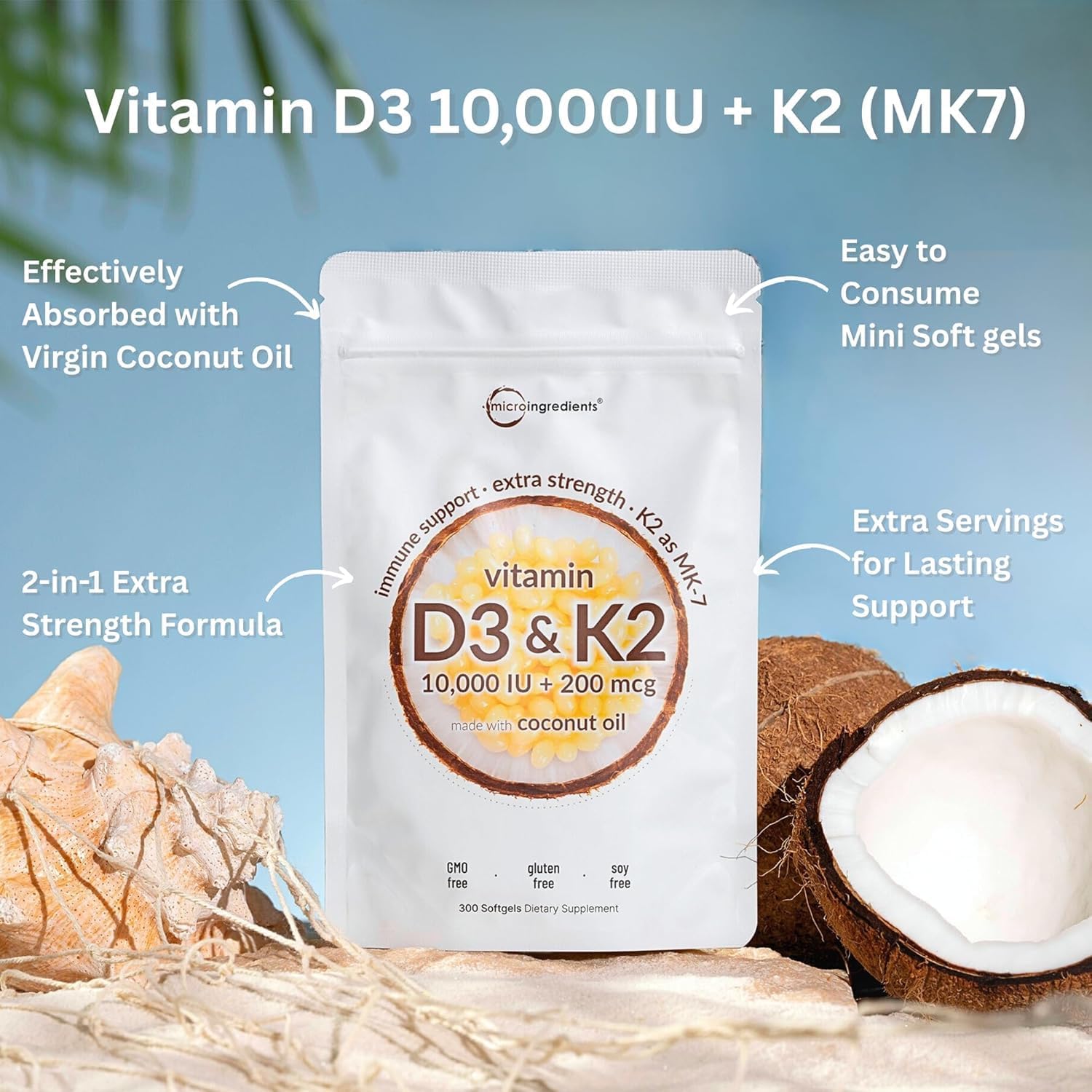 Detalle 2 de Micro Ingredients Vitamin D3 + K2 Supplement, 300 Softgels