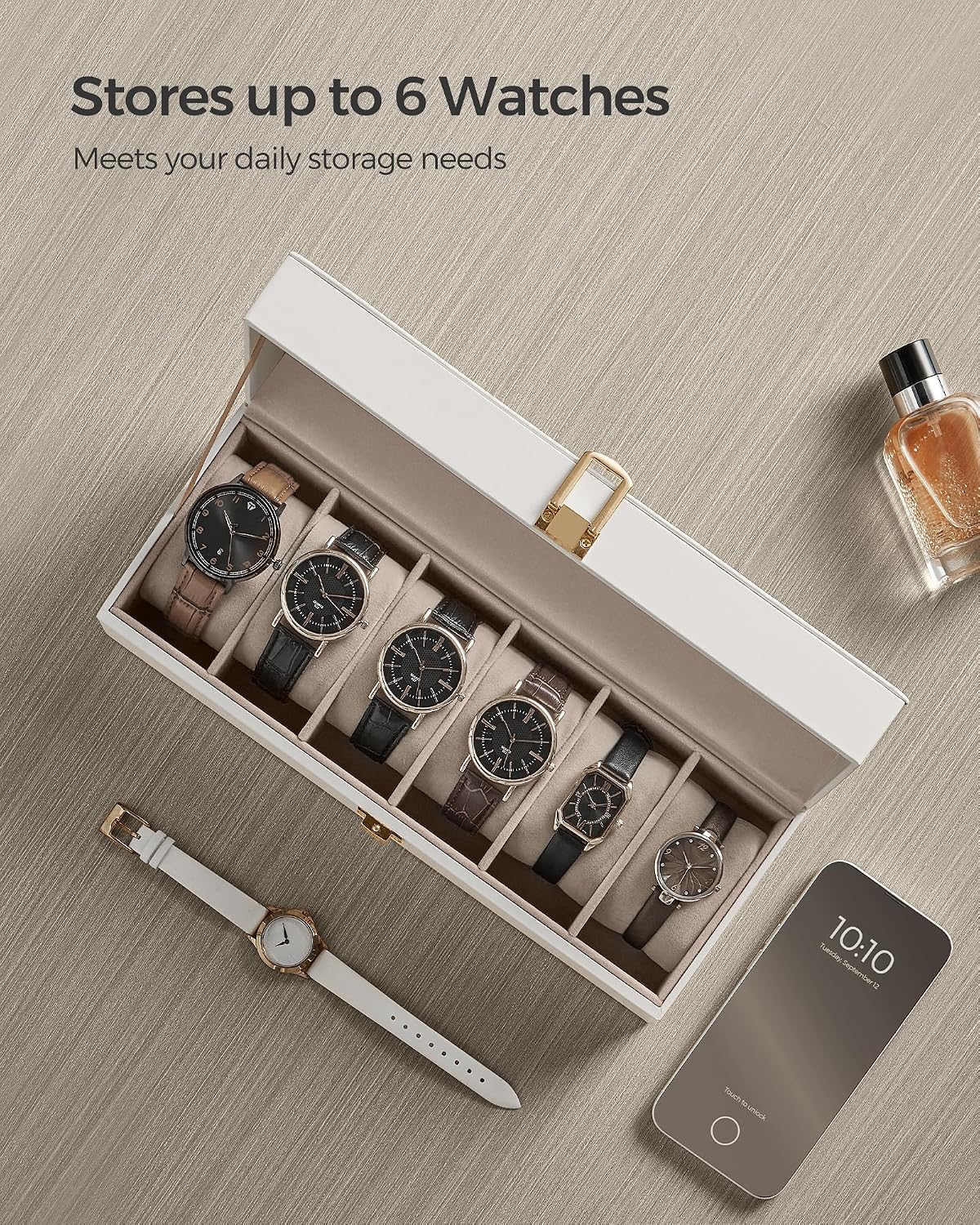 Detalle 2 de SONGMICS Watch Box with 6 Slots (Glass Lid) JWB006W01 in Cloud White PU